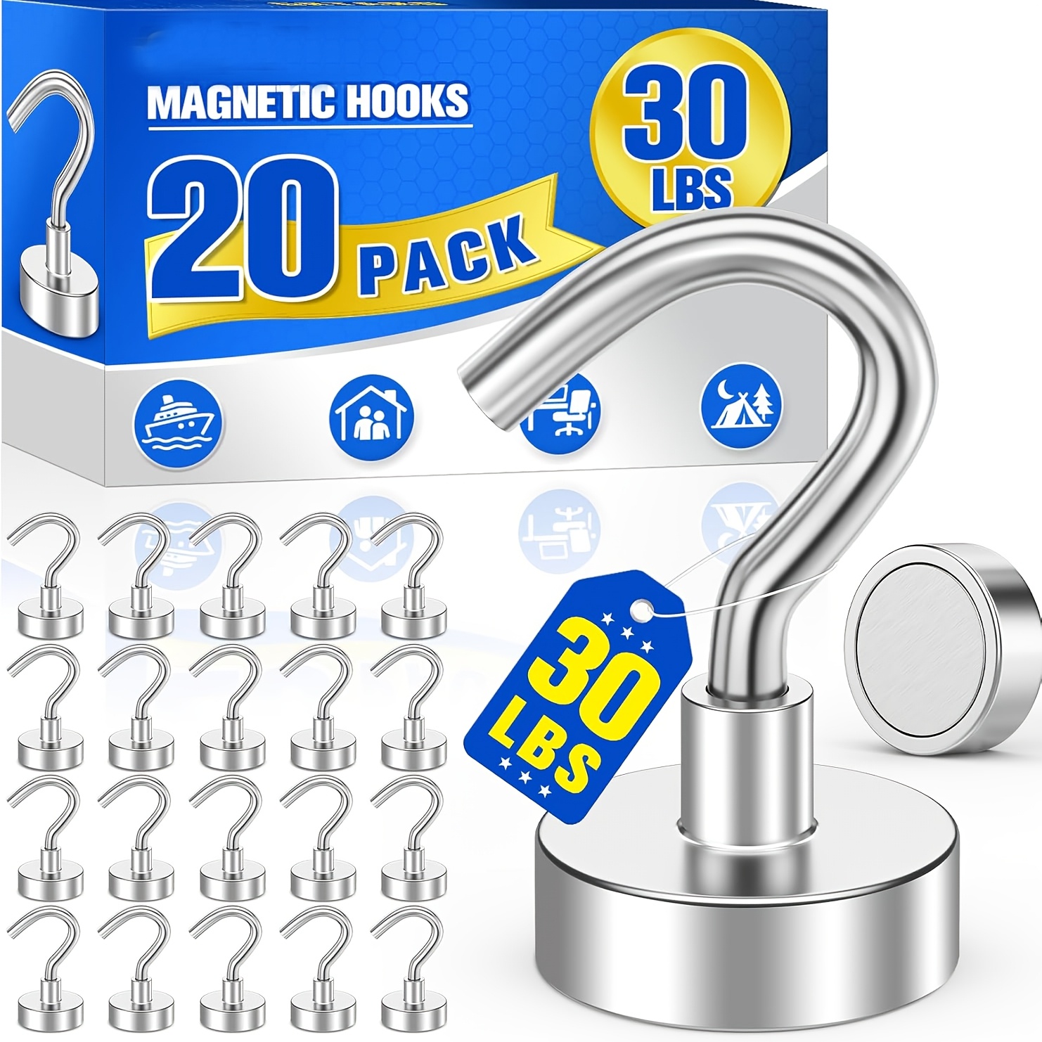 TEMU 20pcs Magnetic Hooks, 30-pound Neodymium Magnet Hooks Heavy Duty, Strong Magnetic Hooks For Hanging, Magnets Suitable For Cruise Cabins, Home,