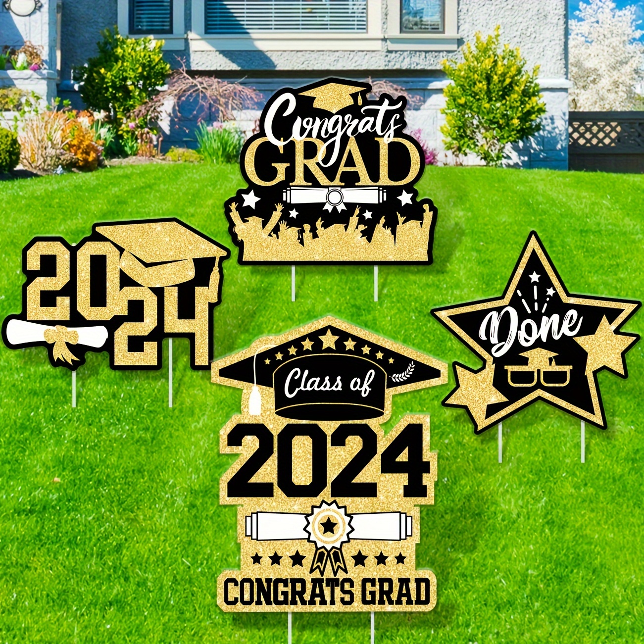 

4pcs, Yellow Graduation Yard Signs With Stakes Class Of 2024 Outdoor Lawn Decorations Congrats Grad Yard Signs For High School College Party Supplies