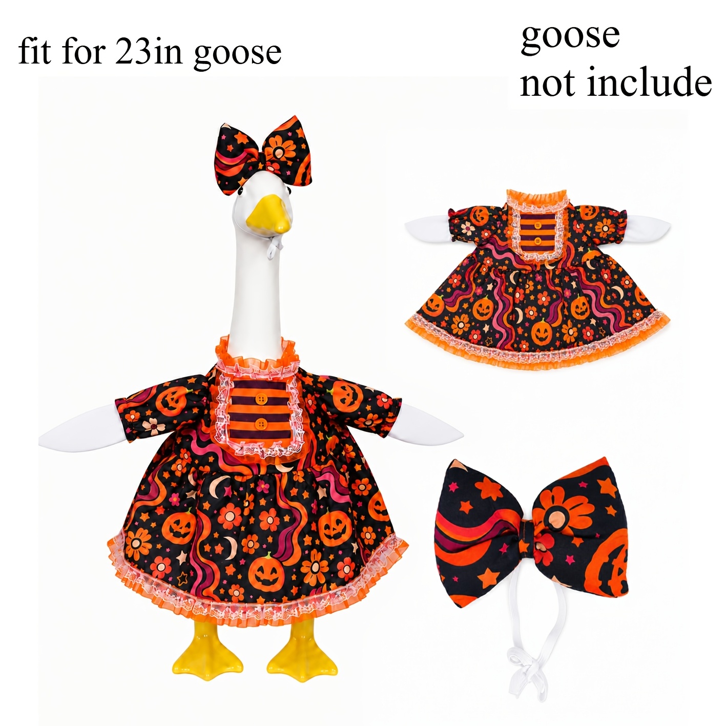 TEMU Halloween Goose Outfit Pumpkin Flower Dress Bow Set For 23 Inch Porch Goose Statue Cute Holiday Costume Yard Lawn Garden Outdoor Decoration