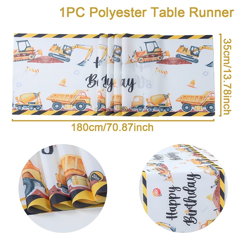 Image of 1pc, Happy Birthday Party Table Runner Featuring Engineering Vehicles, Table Cover For Engineering Vehicle Theme, Decorations For Birthday Party, Excavator Vehicle Table Runner With Construction Theme