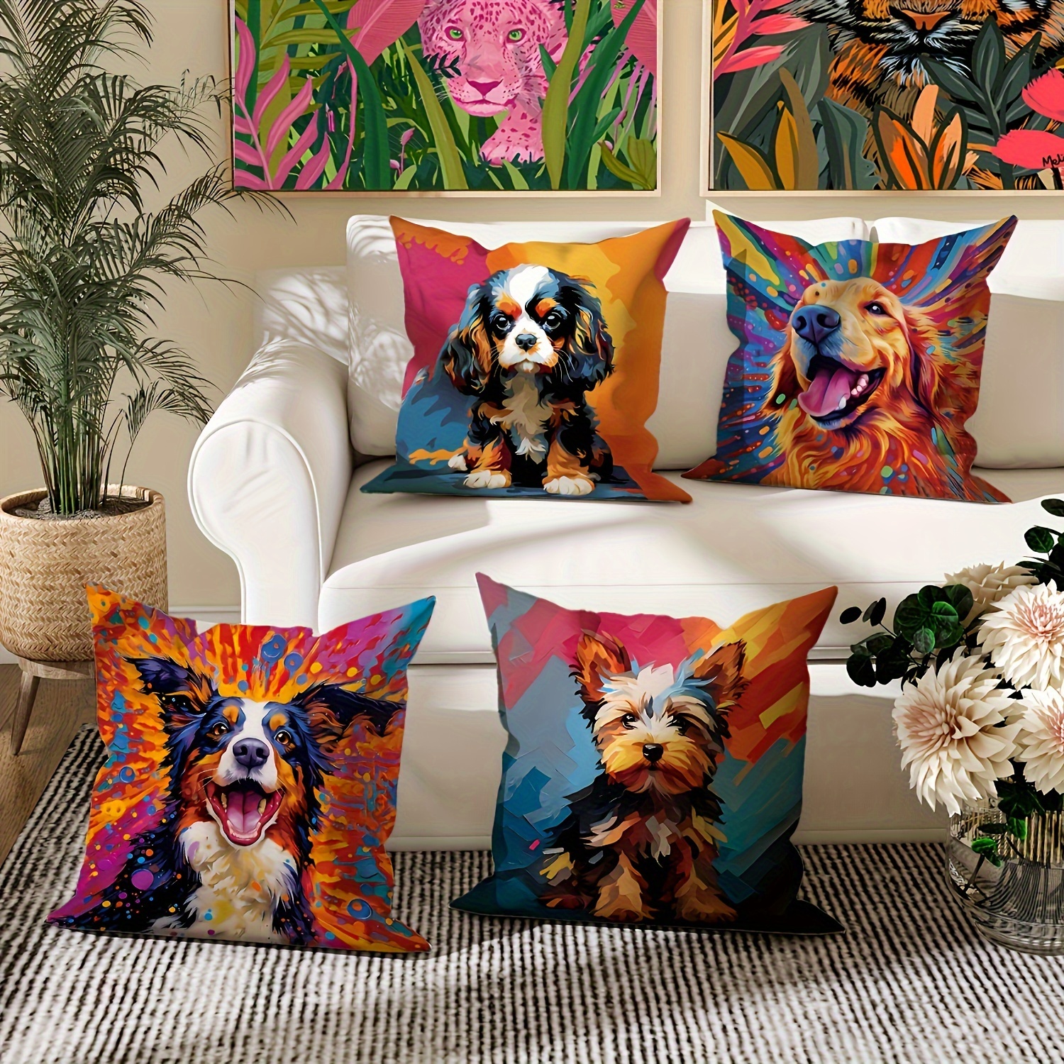 

4-piece Dog Pet Animal Pop Art Decorative Throw Pillow Covers - Contemporary Style, Machine Washable, Geometric Pattern, Zipper Closure, Suitable For Living Room, Woven Fabric, Polyester Cover