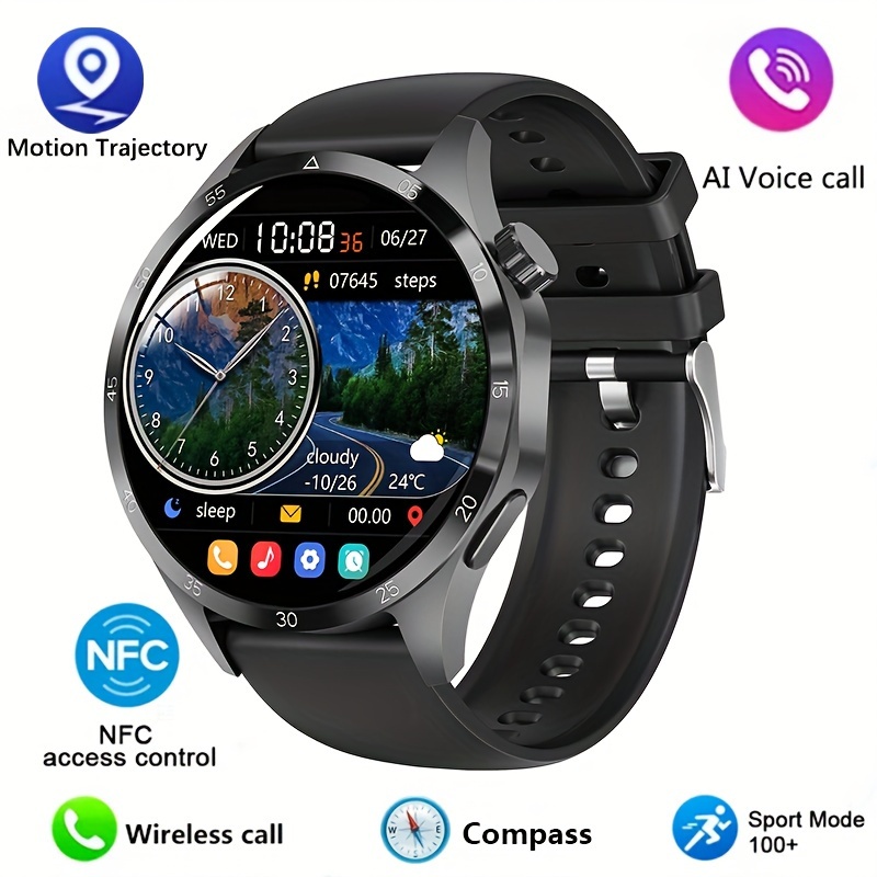 NFC Smart Watch For Men, GPS Motion Trajectory AMOLED 360*360 HD Screen, AI Voice Wireless Call, Compass Sport Fitness Tracker Smart Watches_voghion.com
