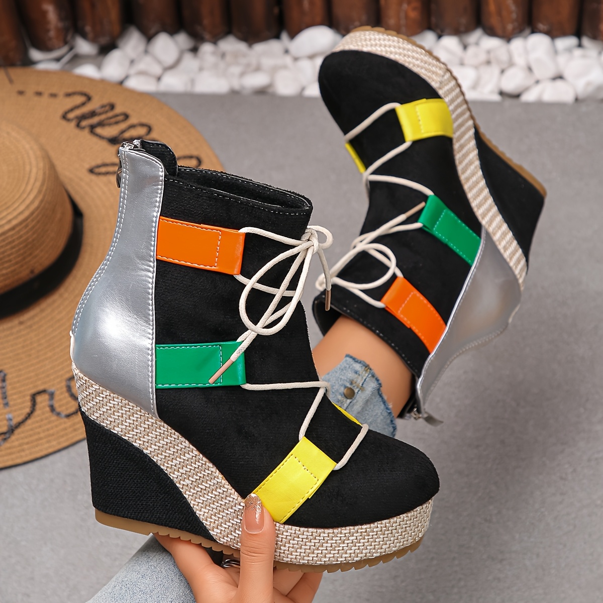 Women's Chunky Platform Wedge Boots with Back Zipper Closure - Thick Sole High Heel Winter Boots in Black/Green/Yellow, Round Toe Synthetic Cover/Fabric Upper & Cushioned Insole for Party, Casual & Casual Attire - All-Season Comfortable Booties