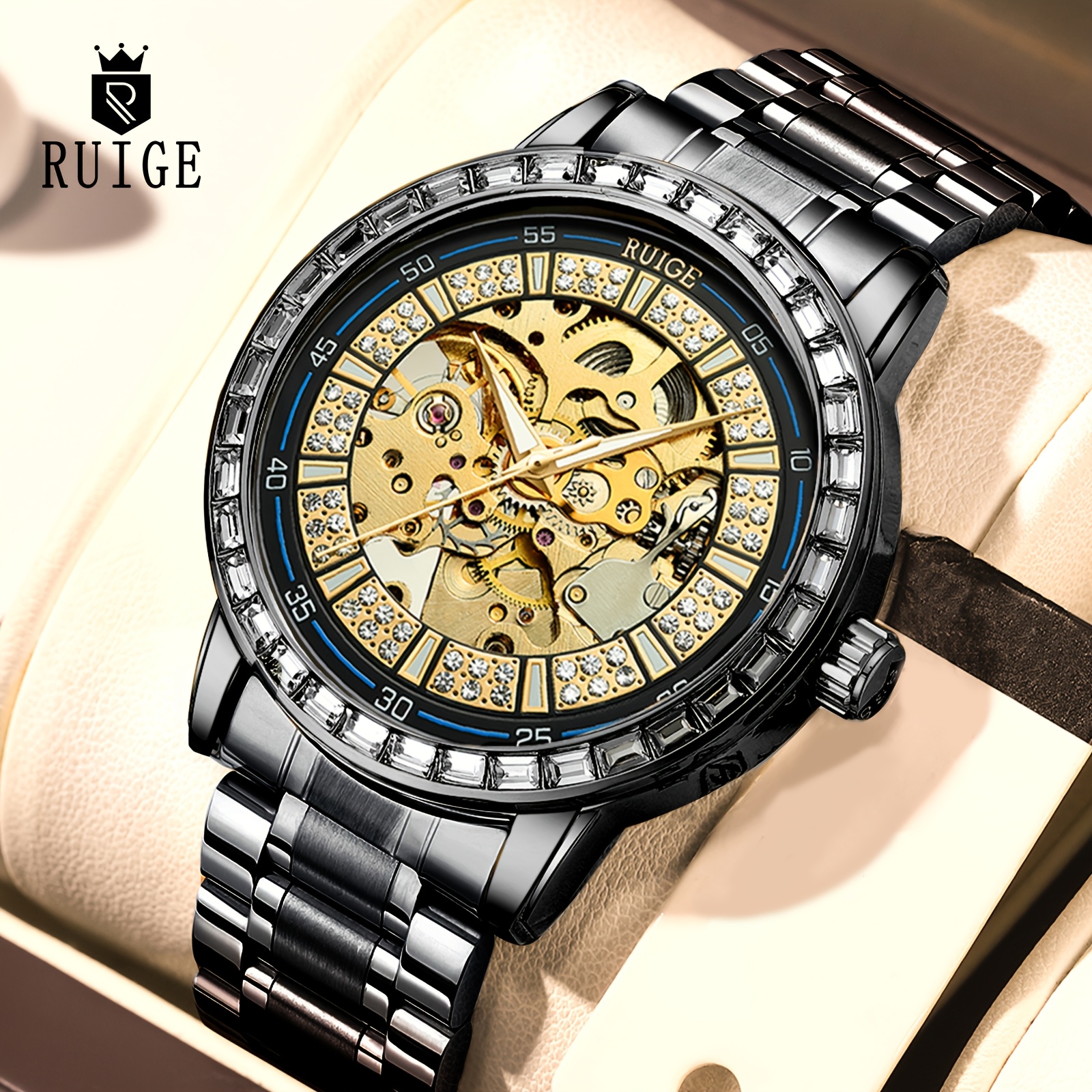 Ruige Men' Mechanical Watch With Skeleton Dial And Stainless Steel Strap, High-end Luxury Watch, Without Battery