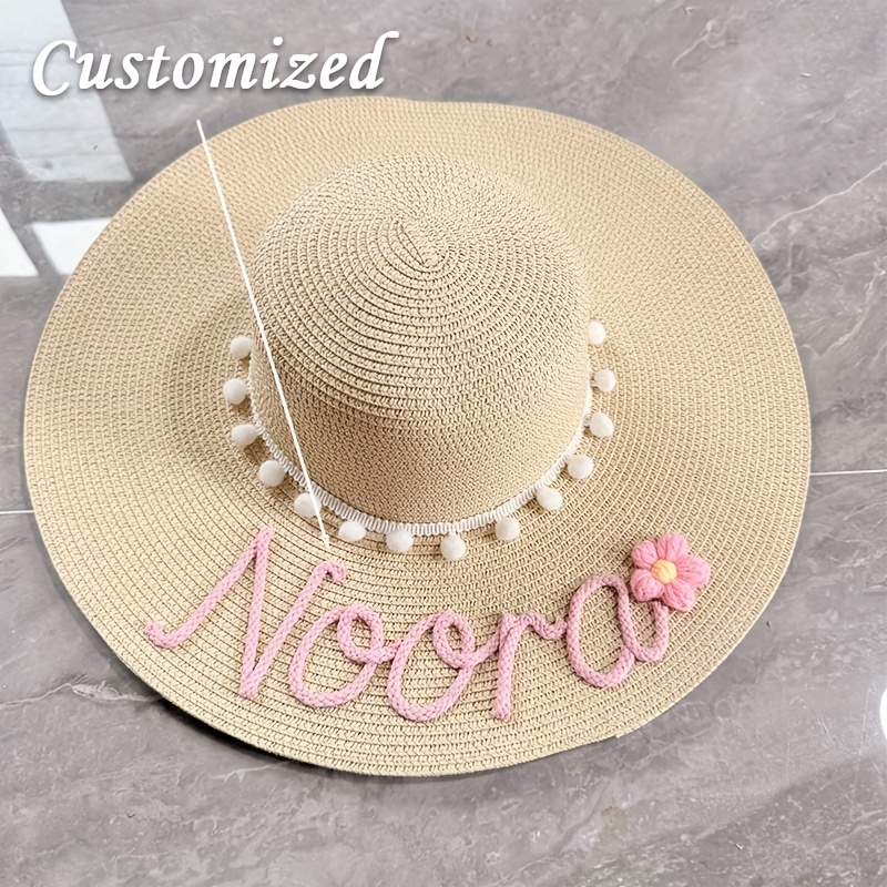 E-shop 1 Stück Personalisierter Hut mit Namen, Individueller Sonnenhut – Leichter Strandhut mit breiter Krempe, Band Blumendekoration, Beige