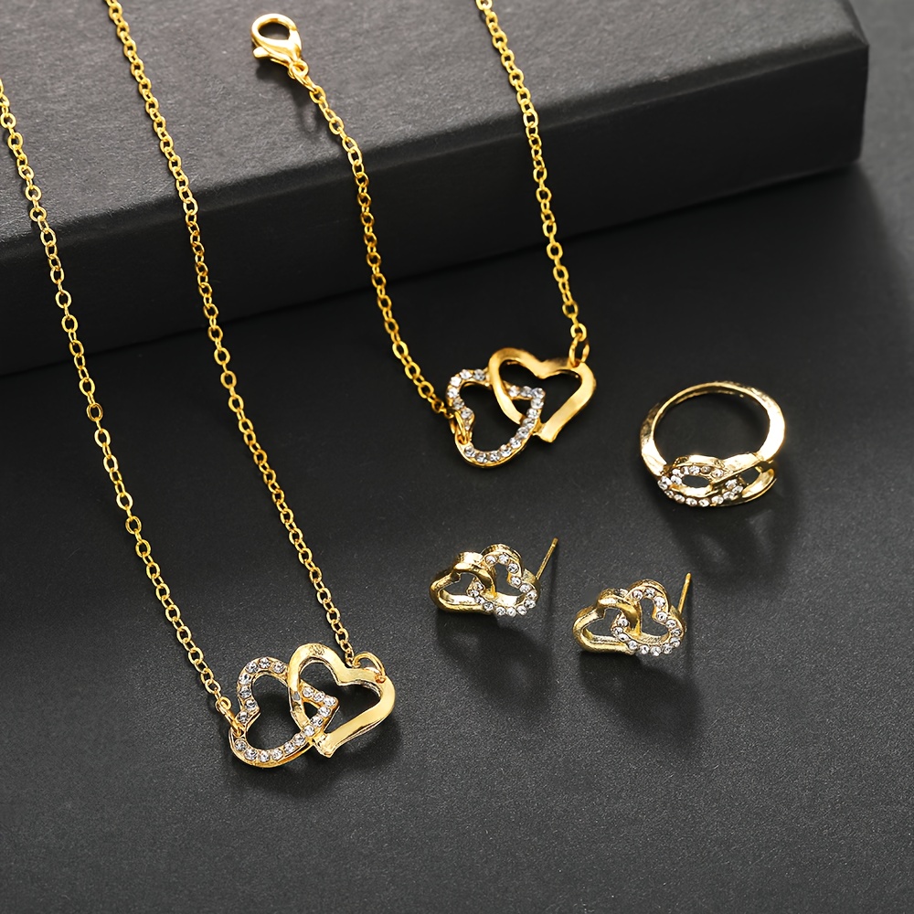 Women'S Fashion New Trendy Western Easy Double Heart Necklace Jewelry Set Light Luxury Style Bride Double Peach Heart Jewelry 4pcs Set