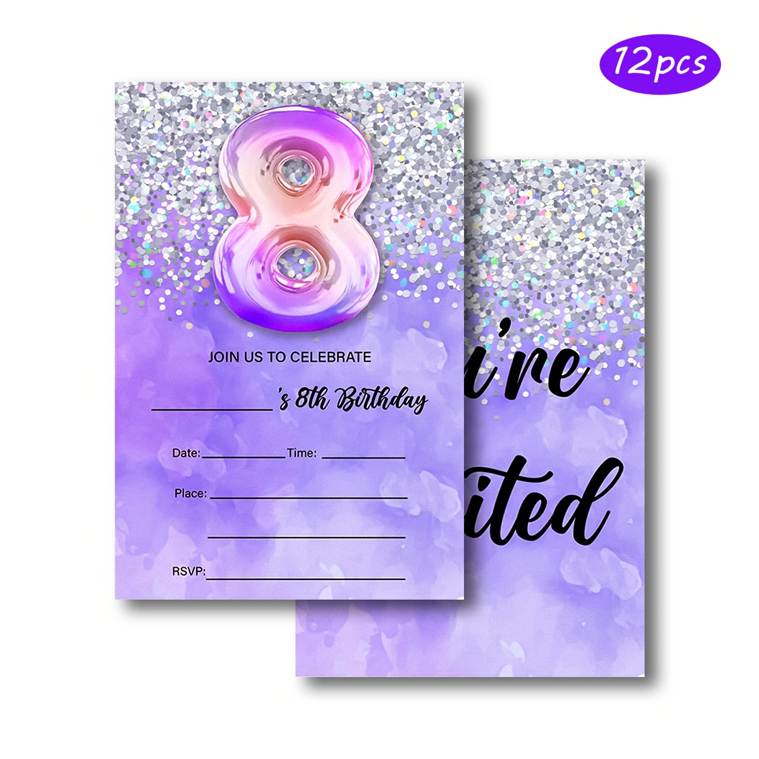 E-shop 12 Stück - 8. Geburtstagsparty Einladung, Lila Glitzer Geburtstags Einladungskarte, Holografische Ballon Doppelseitige Füllung Geburtstags