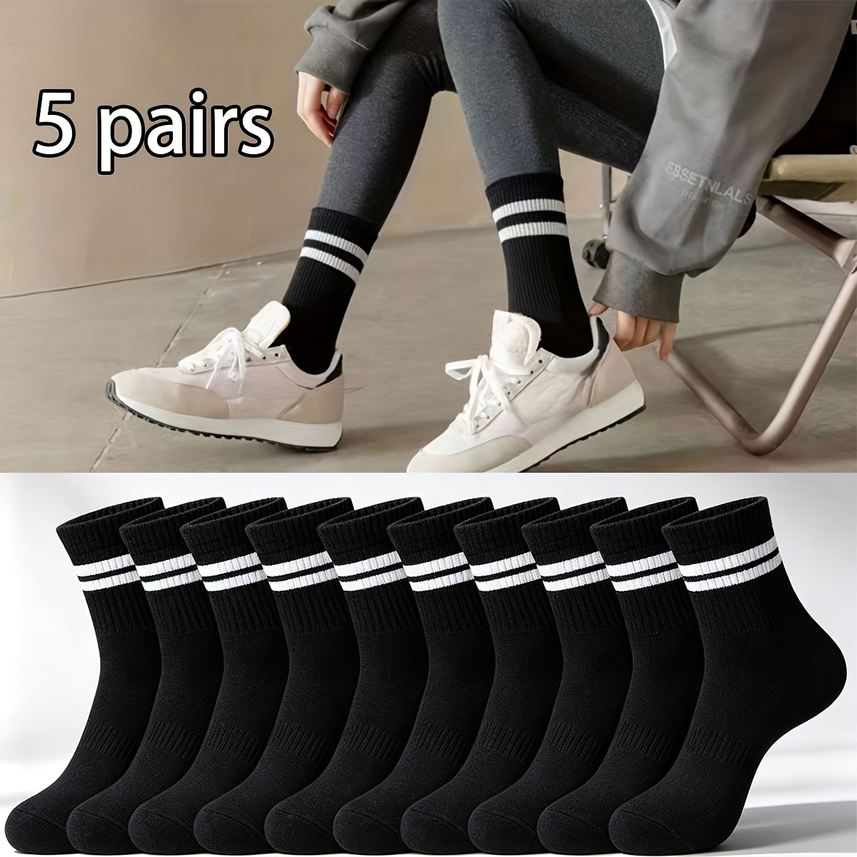 TEMU 5 Pairs Black And White Striped Long Athletic Socks, Sweat-absorbing And Breathable, Wear-resistant, Suitable For Outdoor Hiking Camping Casual