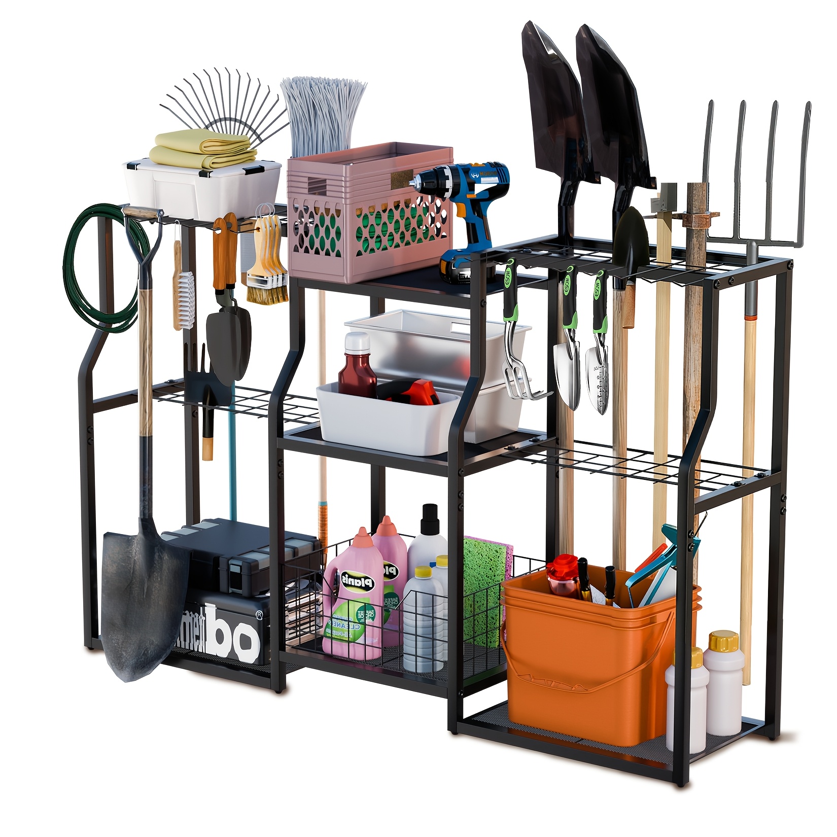 TEMU Organisateur de garage spacieux pour outils de jardin avec crochets, un support en métal pour les outils à long manche les balais, pelles et