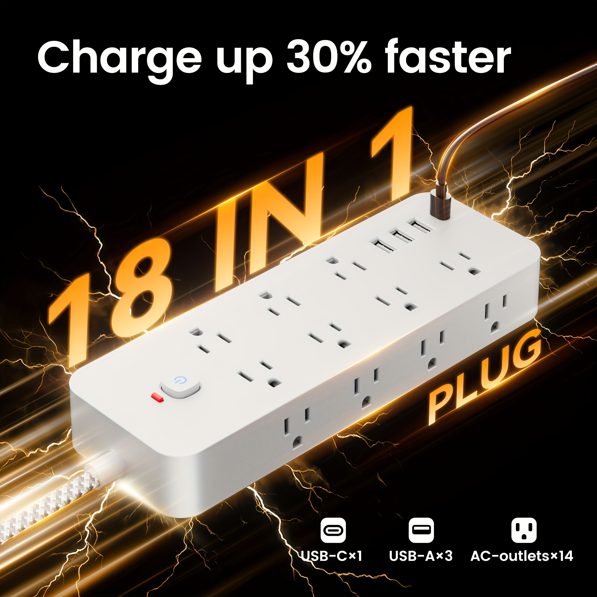 TEMU 18-in-1 Power Strip With 14 Ac Outlets, 3 Usb Ports, And 1 Type-c Port. Features Protection, An Independent Switch, And A Unique Braided Cable