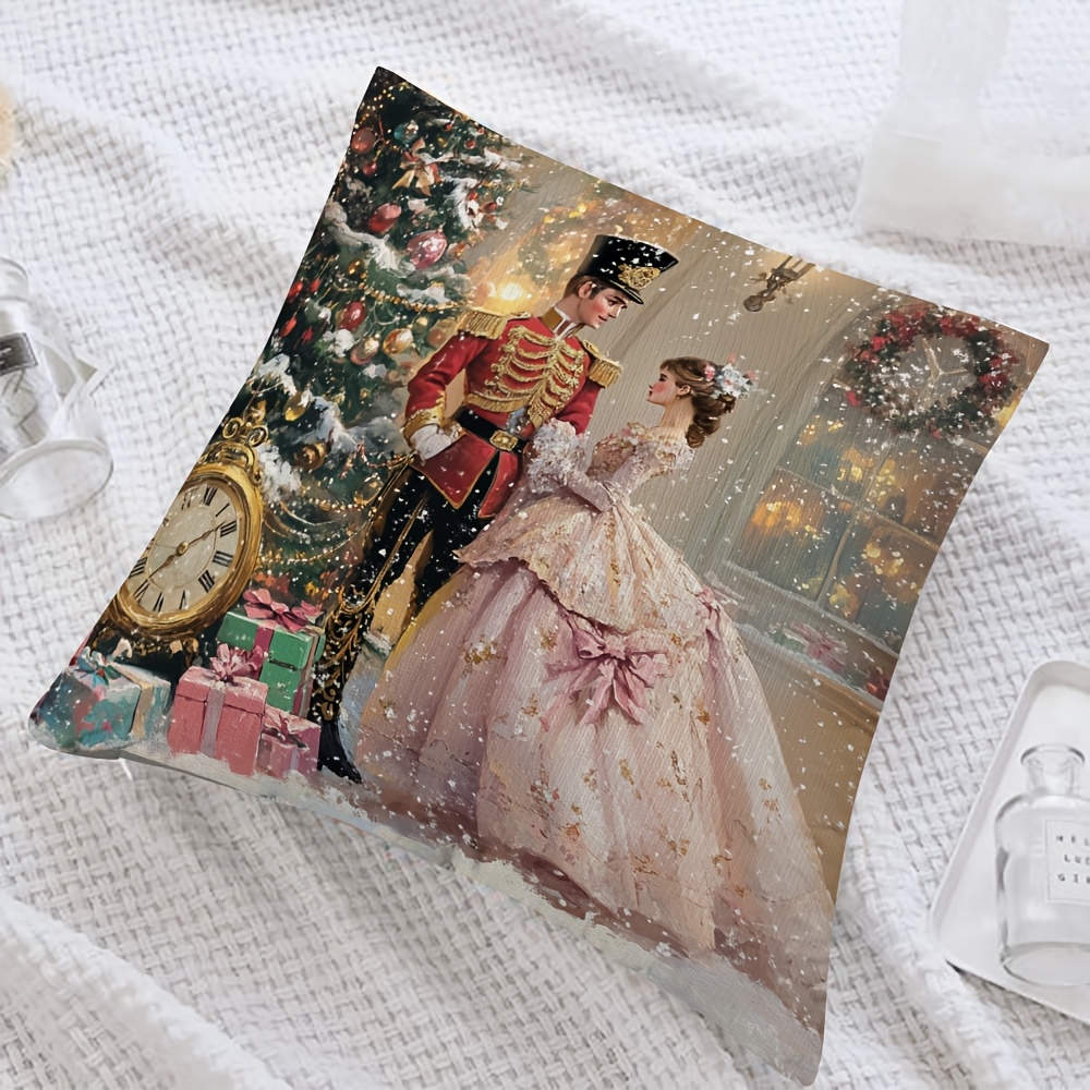 

Vintage Nutcracker And Princess Christmas Scene Throw Pillow Cover, 18x18 Inch, Short Plush Polyester, Machine Washable, With Zipper Closure, For Living Room, Bedroom, Office Decorative