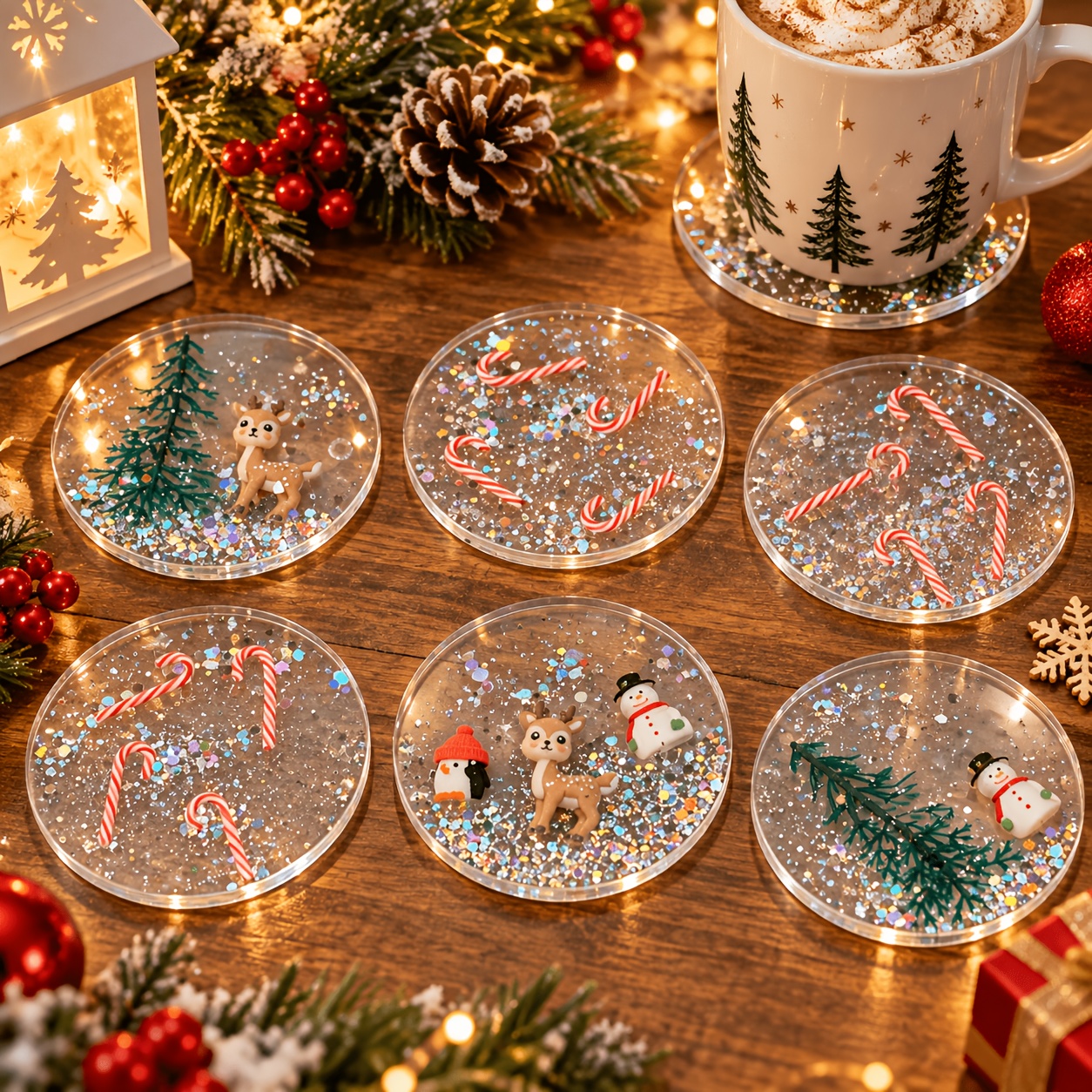 TEMU Ensemble de 6 sous-verres de Noël en acrylique, sous-verres transparents à paillettes avec de , de neige, sapin de Noël et sucettes, décoration