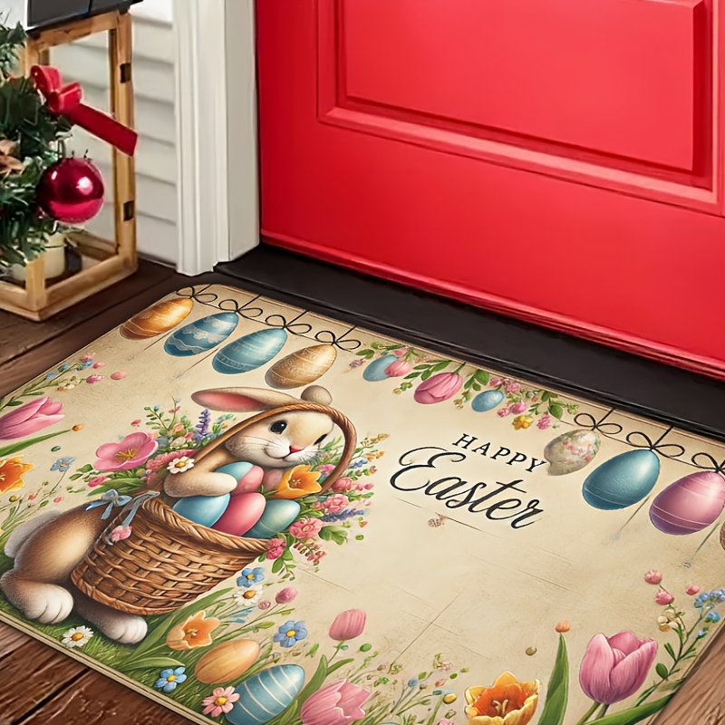 

1pc Easter Bunny Basket Flannel Door Mat, Non-slip Absorbent Polyester Knit Rectangle Carpet Lock, Machine Washable, Indoor/outdoor Use For Bathroom, Kitchen, Bedroom, Office