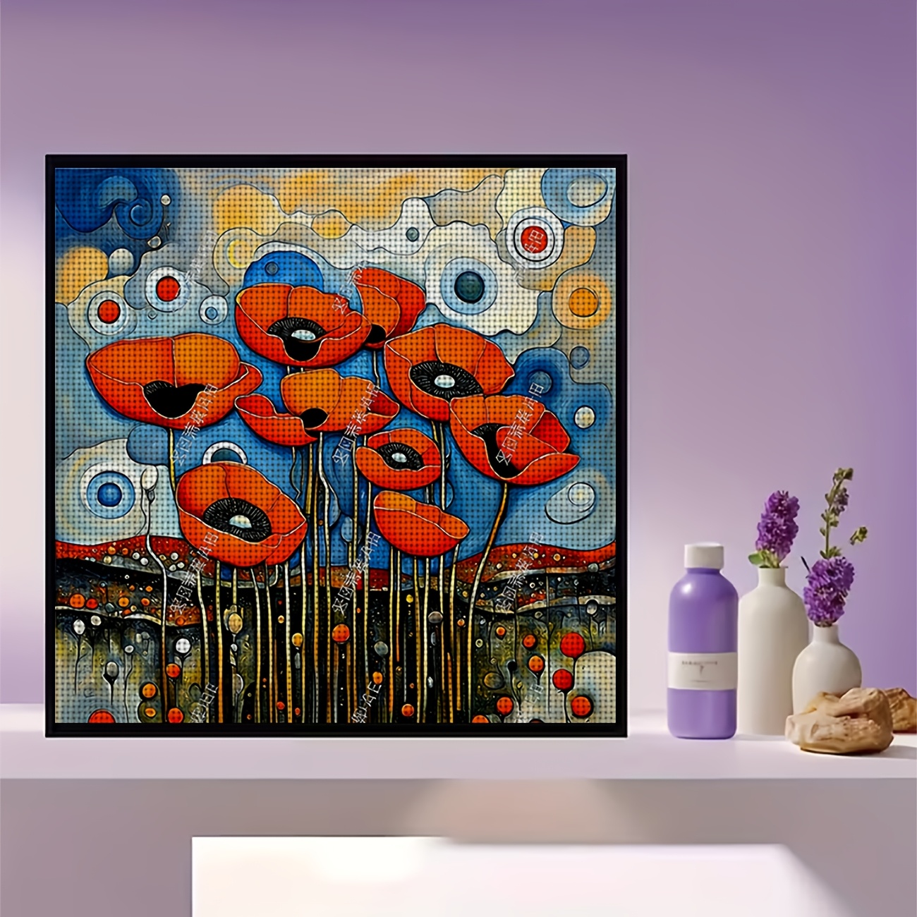 Cross Stitch Printed Kit, Frameless, Red Flowers with Colorful Round Background