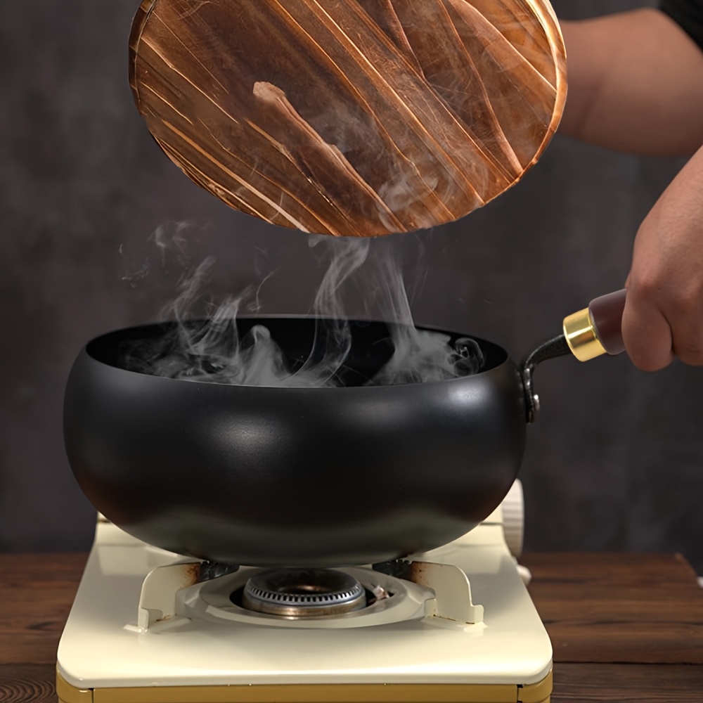 TEMU Handmade Wok, Cast Iron Frying Pan With Lid And Wooden Handle, , Diameter 24/28cm, Traditional Method, , Suitable For Gas And Induction