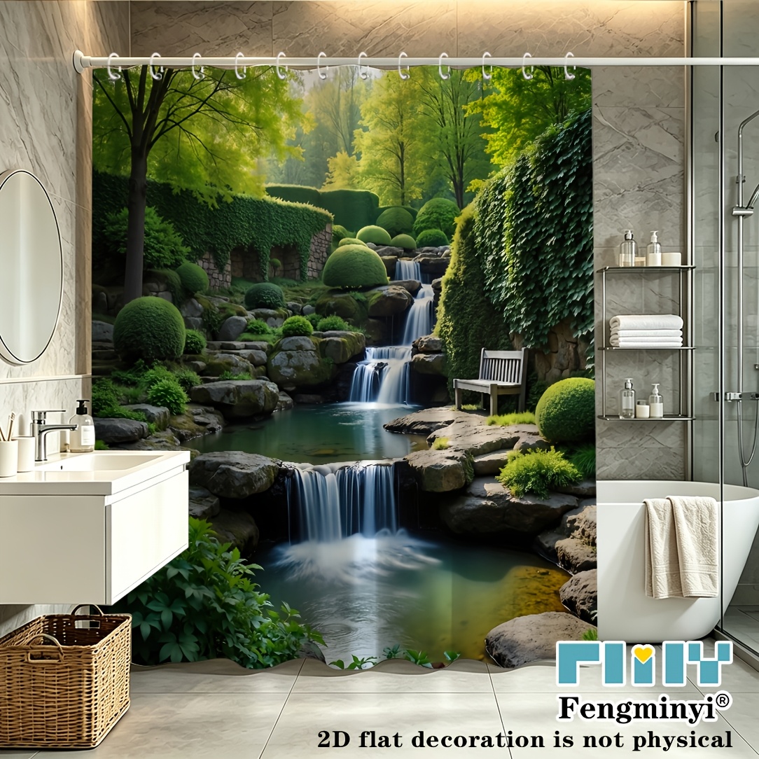 TEMU 2d Flat, 2d Curtain, 1pc, Moss Stone Courtyard Stream Waterfall Shower Curtain, Comfortable Fabric, Light , Atmosphere, A Ambiance, Suitable For