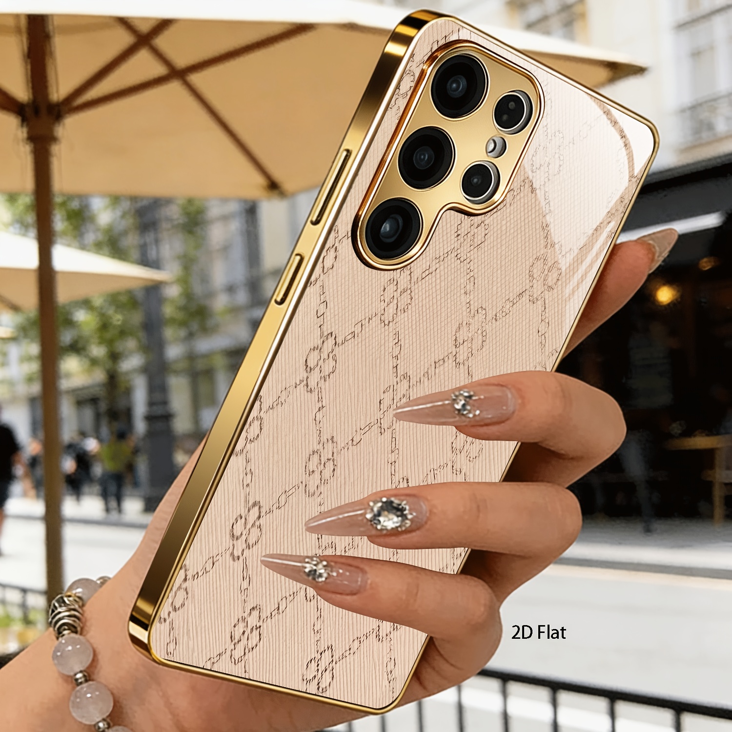TEMU Phone Case: 2d Flat Light Brown Lace Pattern Electroplated Tempered Glass Case With An Old Money Style Golden Anti-drop Finish, Suitable For