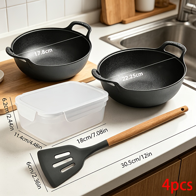 TEMU 1pc/2pcs/4pcs Cast Iron Pot Set, Including Cast Iron Pot - 17.8cm Or 22.25cm, 1pc Cooking Shovel, 1pc Food Preservation Box, Pots Set, Safe