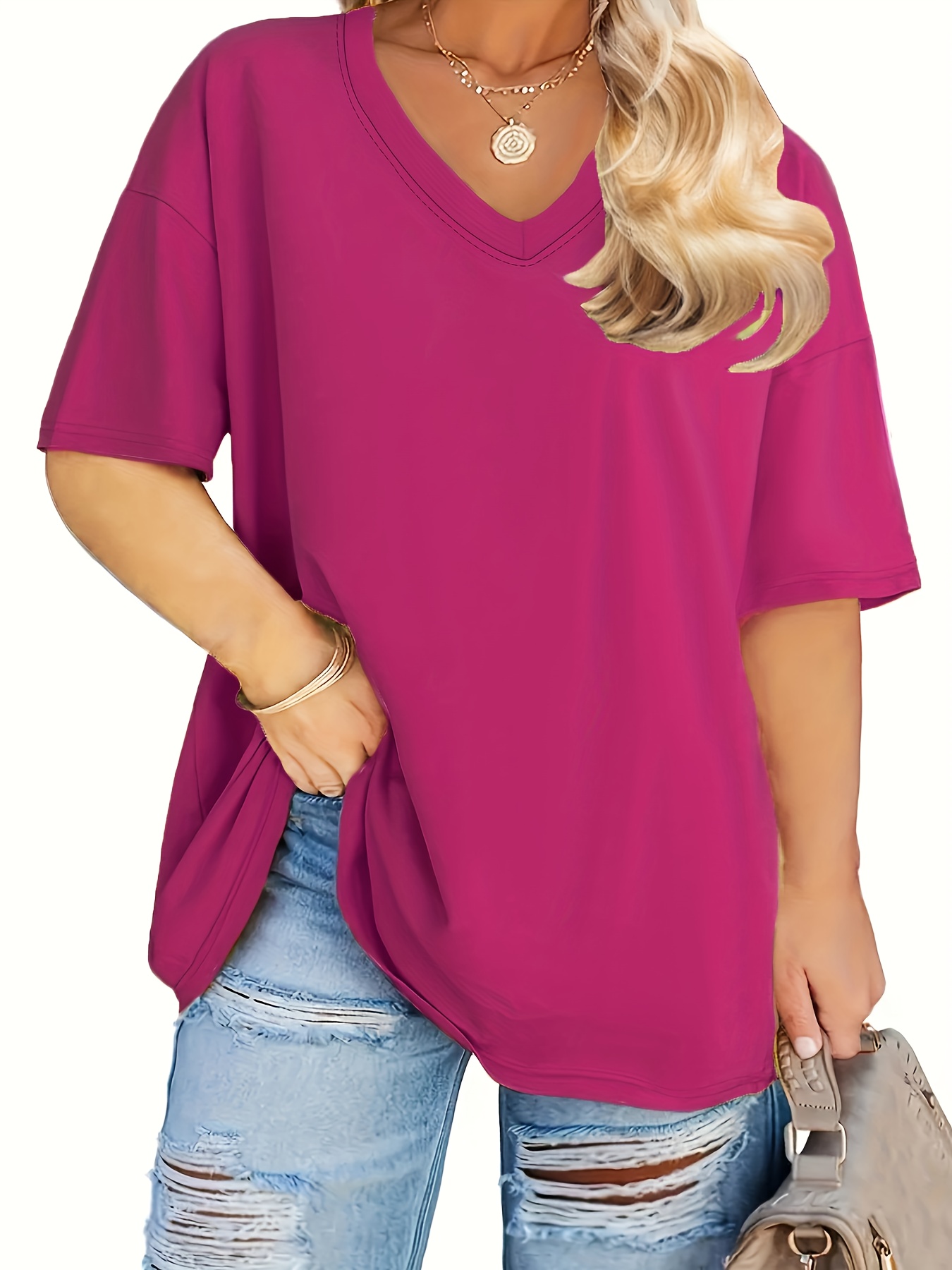 Women'S Plus Size Casual V-Neck T-Shirt, Polyester 95.0% Spandex 5.0%, Solid Color Knit Fabric, Retro Vacation Style Short Sleeve Tee for Spring/Summer, Ladies T Shirts