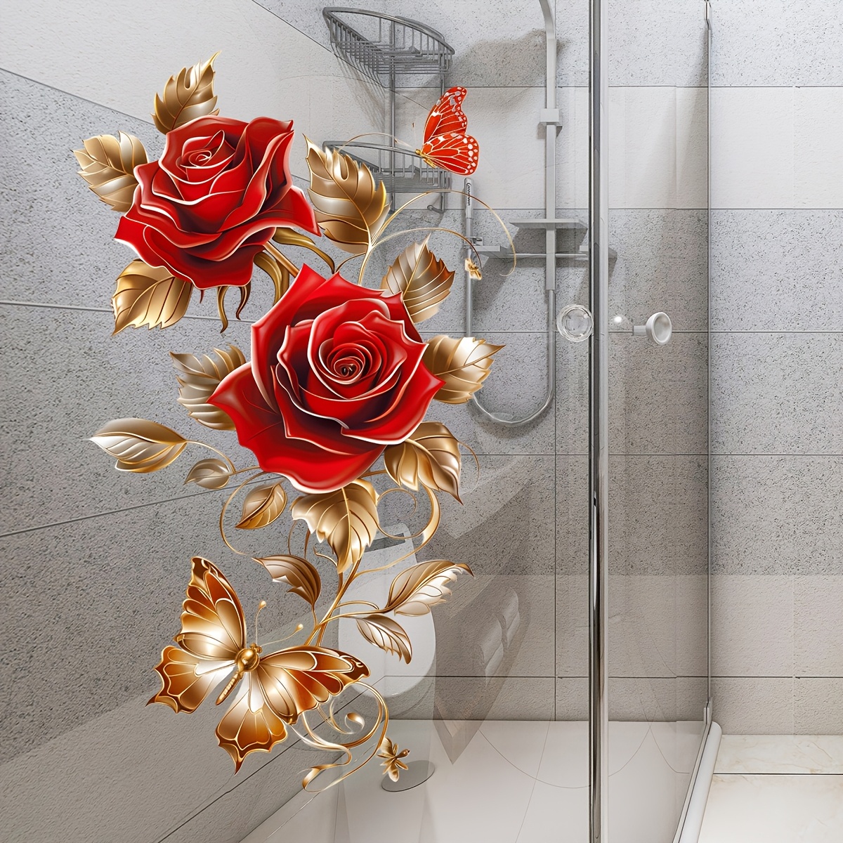 Luxury Red Rose With Window Stickers, Rose Decorative Decals, Self-adhesive Bathroom Glass Stickers