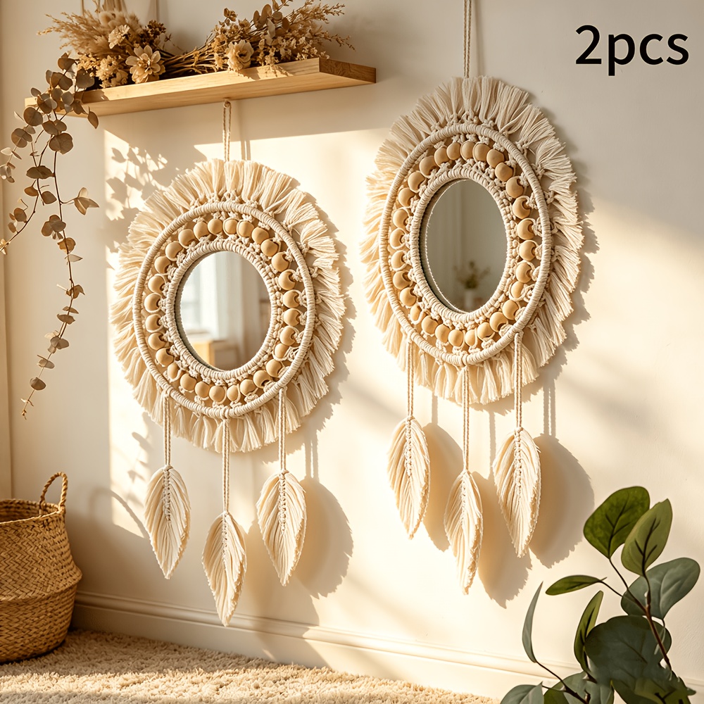 2pcs Bohemian Hand- Mirror With Wooden Beads, Leaf Tassels, And Wall Decor Mirror, Makeup Mirror
