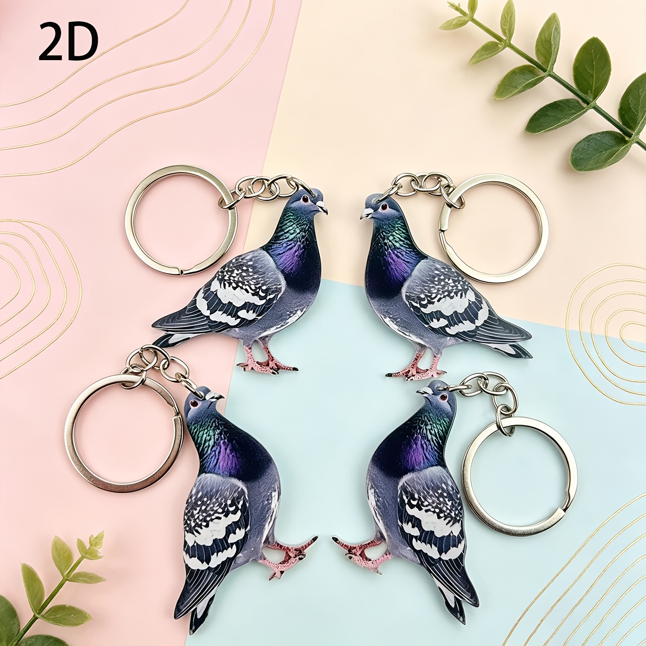 TEMU [2D Plat] 4 stuks 2D Realistische Duif Acryl Sleutelhanger, Leuke Vogel Sleutelring, Grappige Dieren Tas Accessoire