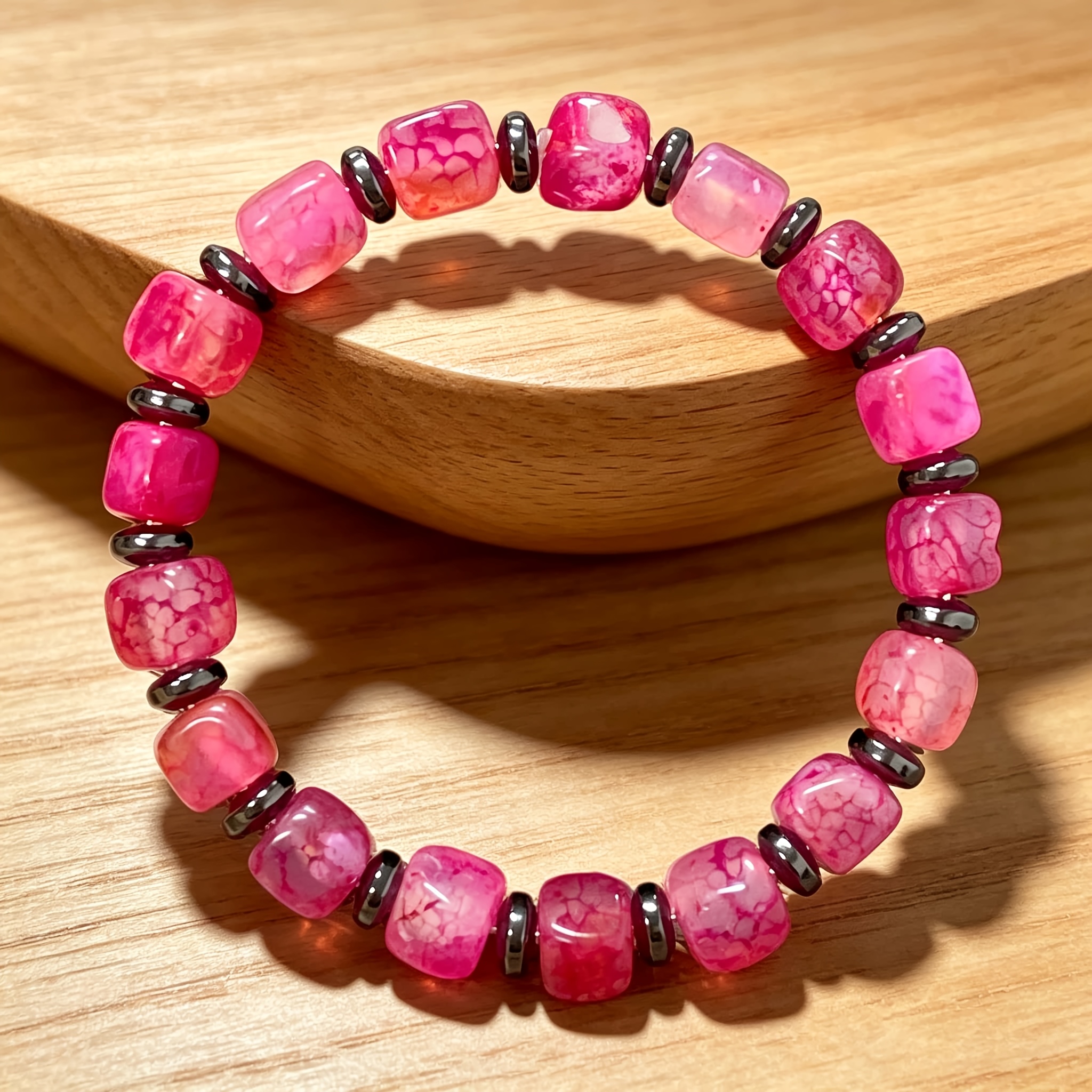 TEMU 1pc Xdsm Women's Bohemian Stripe Agate Square Bead Bracelet - Elastic Stretch Suitable For Daily Wear, Holiday Gift,, Natural Beads For Wear,