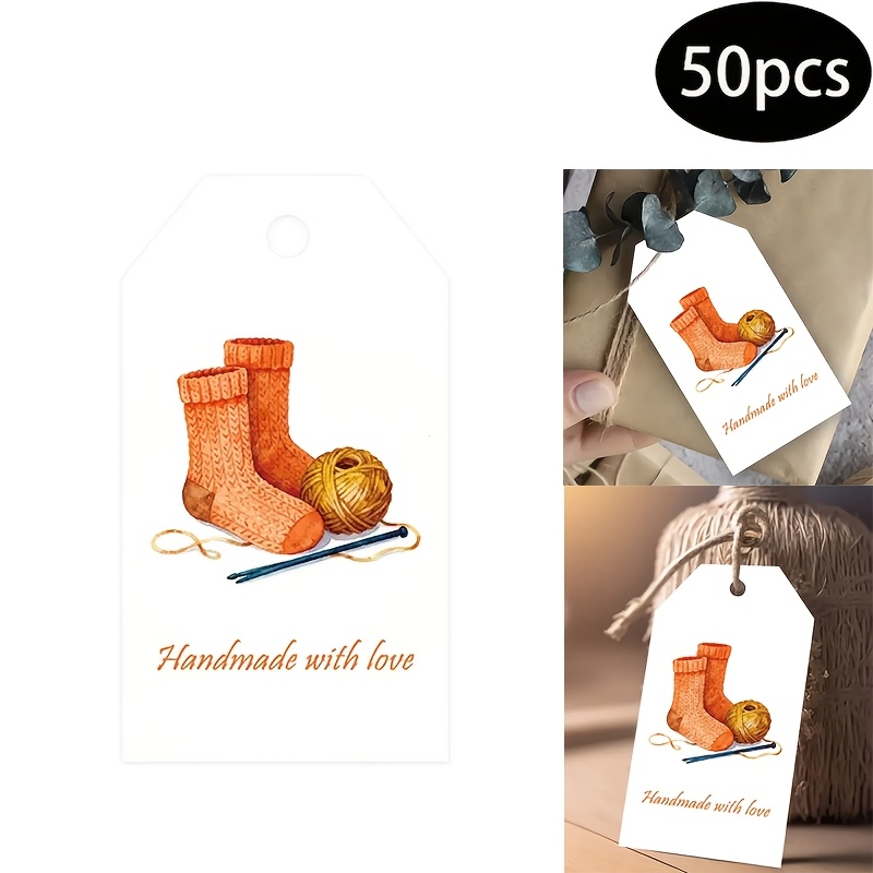 Image of 50pcs Handmade Gift Tags With Hemp Rope | Knitted Socks And Yarn Ball Design, Warm Handcrafted Style, Ideal For Wrapping Knitted Items, Gift Packaging Supplies
