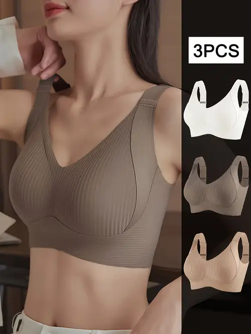 3pcs womens push up bras anti sagging seamless high support wire free with removable pads side smoothing striped design breathable soft fabric for casual attire light beige white black able lingerie stylish lingerie smooth texture nonpadded bra work from home bras