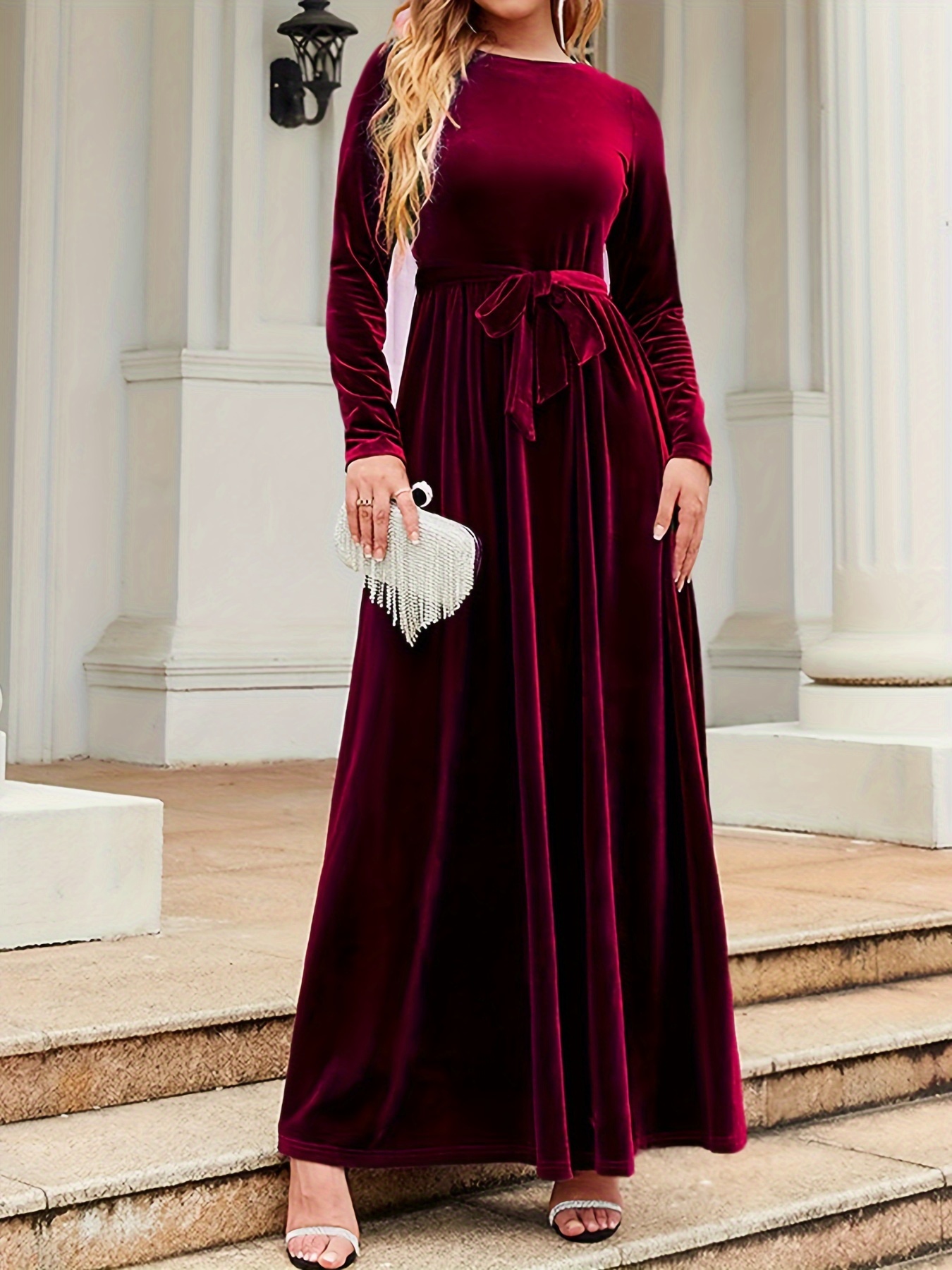Plus Size Solid Color Velvet Dress, Elegant Long Sleeve Crew Neck Tie Waist  Maxi Dress For Party Banquet, Women's Plus Size Clothing