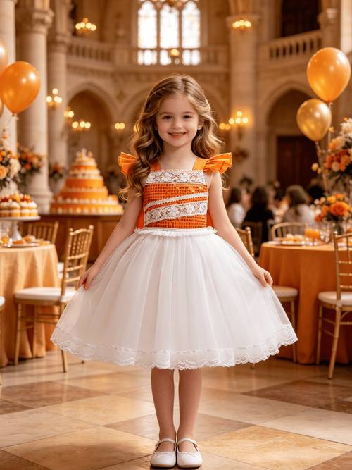 girls orange sequin twill lace princess dress with small flutter sleeves double layer lace trim with multi layer soft white mesh tulle short formal dress for 4 8 year olds birthday banquet outdoor lawn photo shoot dress