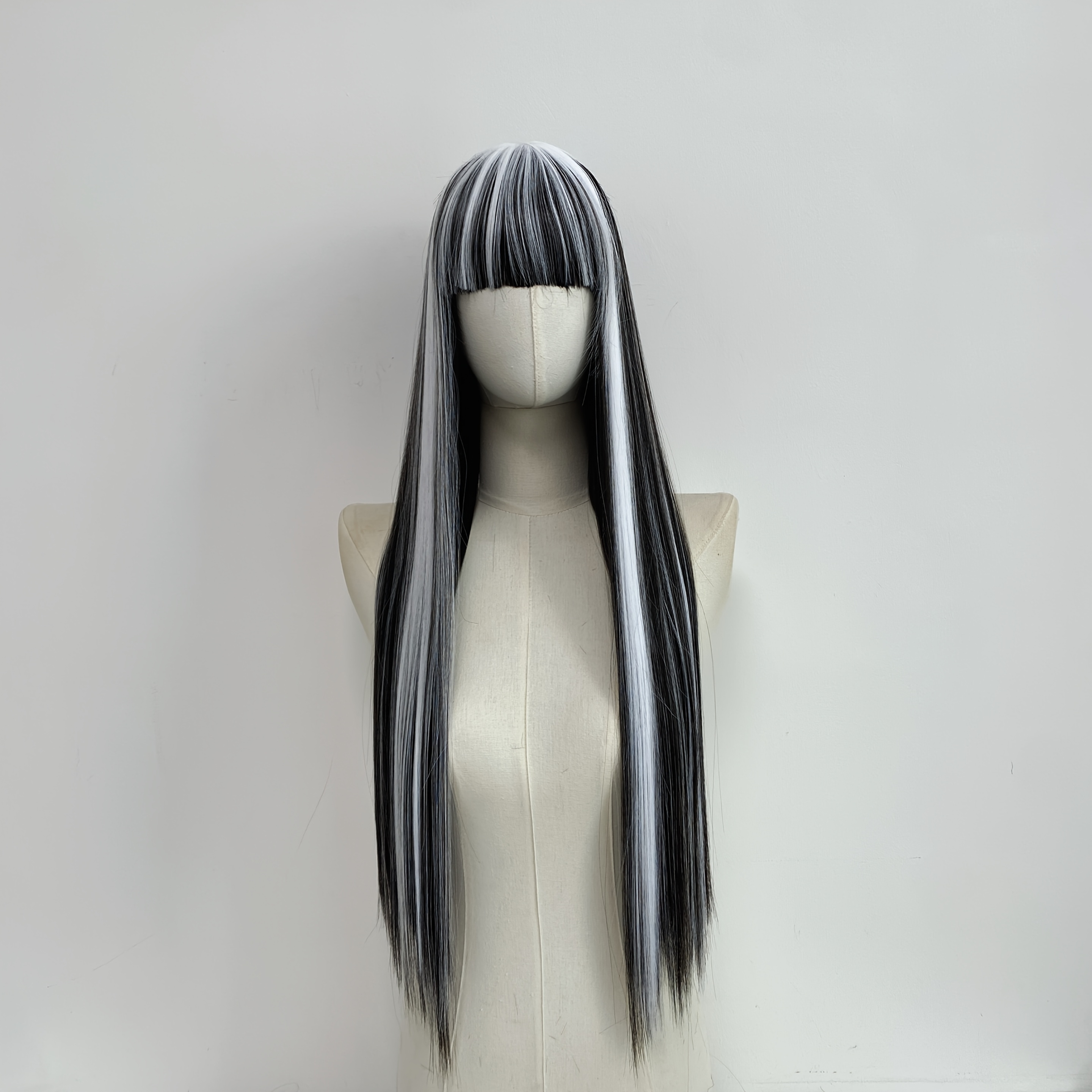 TEMU Halloween Black And White Highlighted Long Straight Wig For Women, With Bangs And High-temperature Resistant Synthetic Fiber, Gothic Dark Style