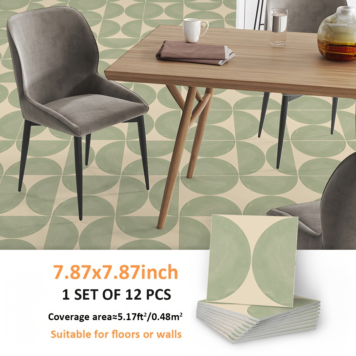 TEMU Self-adhesive Vinyl Thick Hard Floor Sticker, Retro Green Simple Pattern High Adhesive Permanent Glue, Suitable For Kitchen, Bathroom, Balcony,