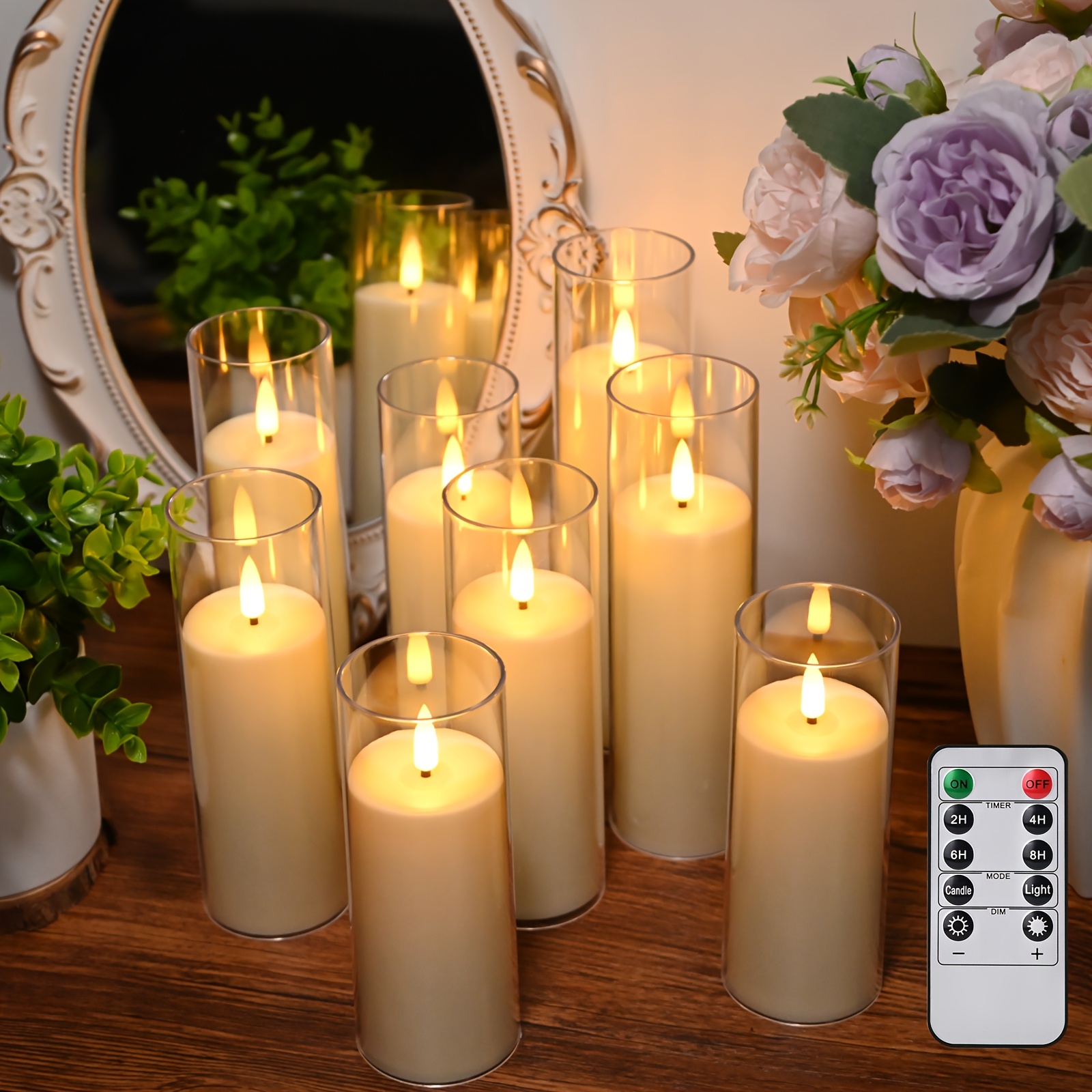 8 Stuks Flikkerende Vlamloze Kaarsen, LED Batterijgevoerde Pilaarlichtkaarsen met Afstandsbediening en Timer