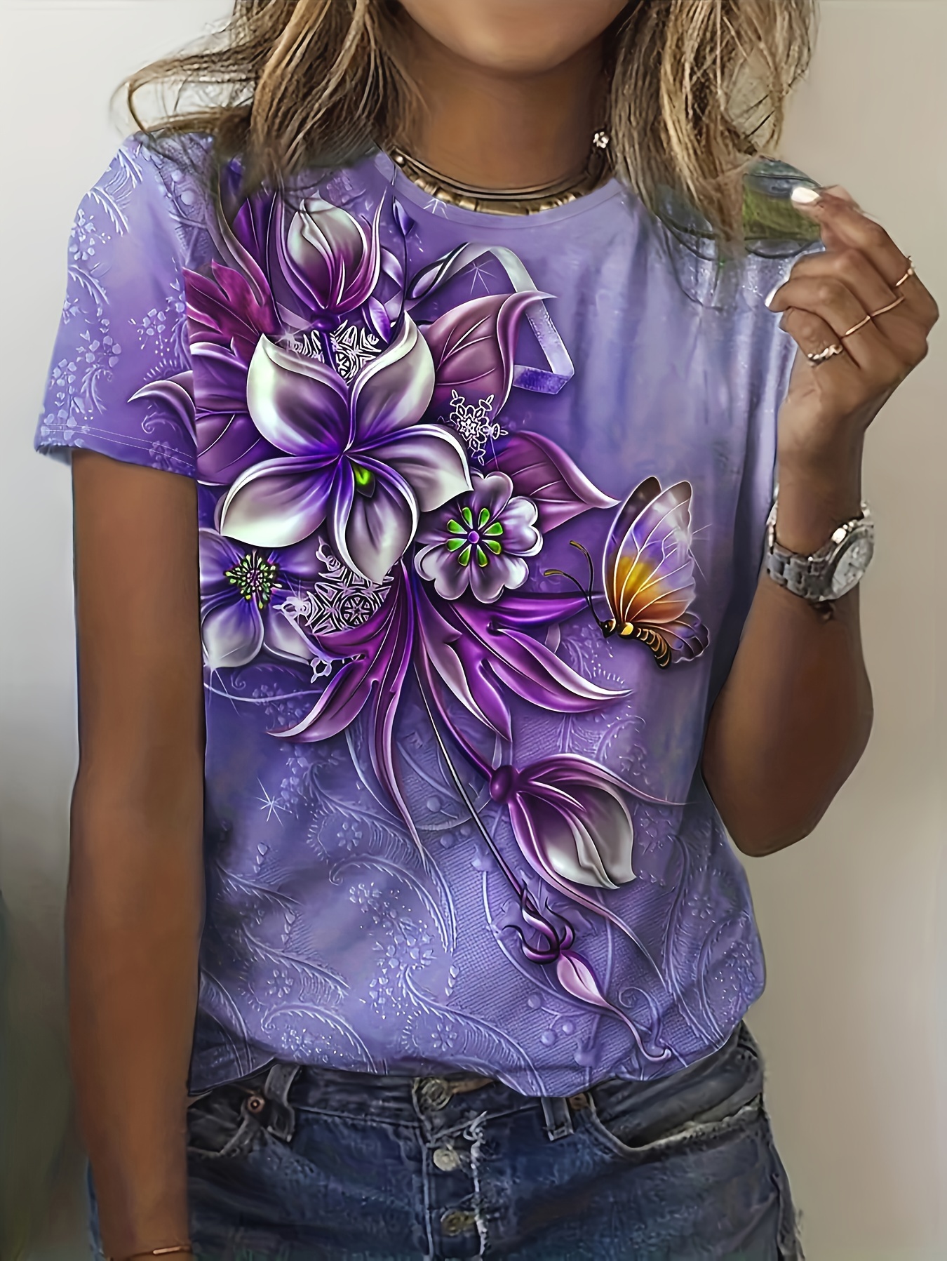 floral print t shirt casual crew neck short sleeve summer t shirt womens clothing lavender 0