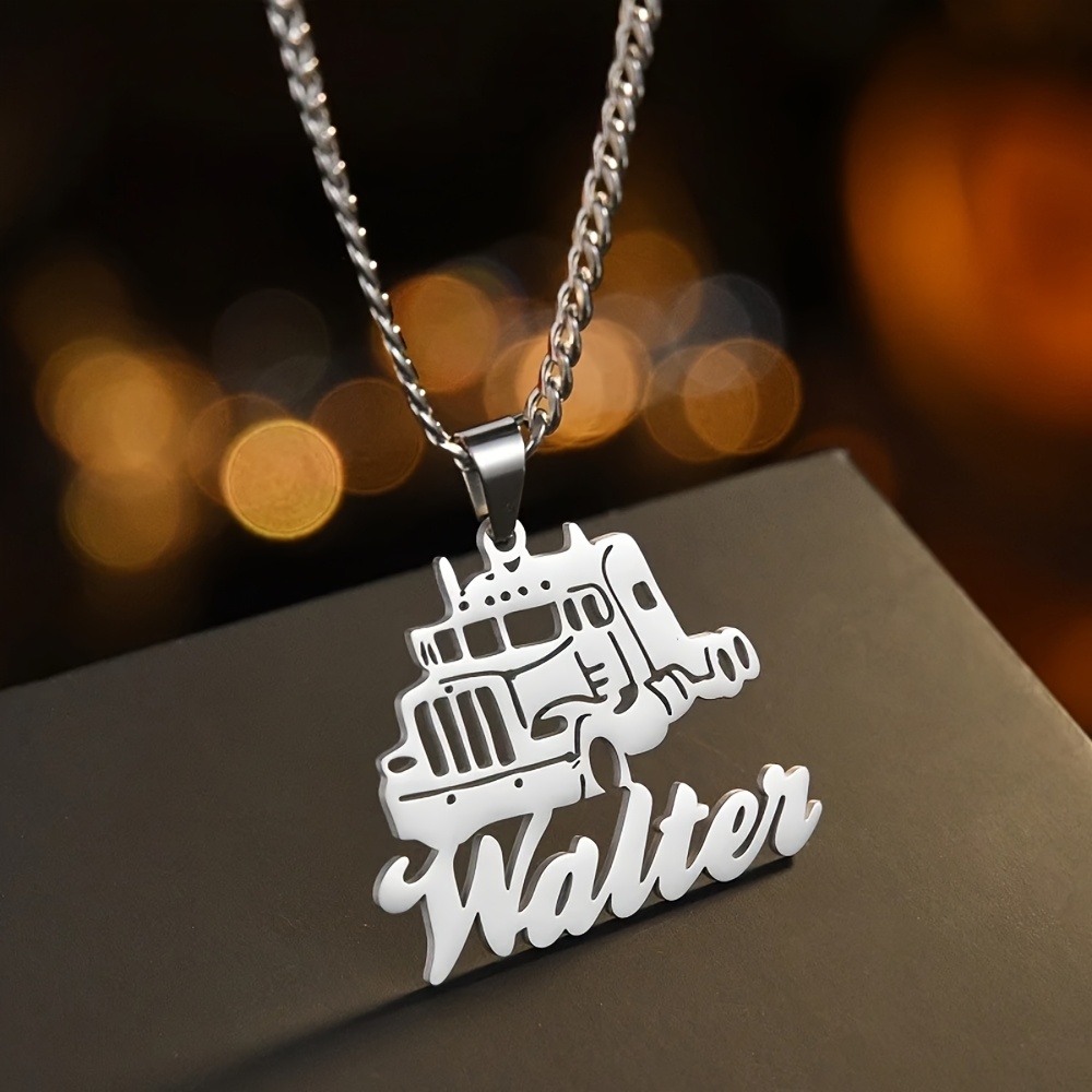 E-shop Personalisierte Kubanische Ketten-LKW-Namenskette, Großes Fahrzeug-Namensschild-Halskette, Edelstahl-Auto-Anhänger, LKW-Fahrer-Halskette,