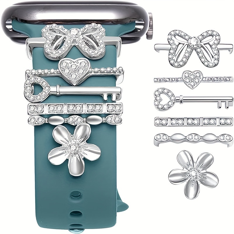 E-shop 1 Satz Strass-Schleifen, Liebeschlüssel, Blumen-Anstecker-Armbandanhänger, niedliche Armbanddekorationen für Uhrenarmbänder, kompatibel mit
