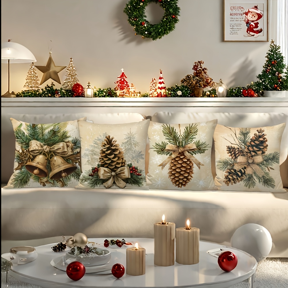 TEMU Lot de 4 housses de coussin de Noël pour canapé, douillettes à avec cloches, nœud et de Noël, fermeture éclair, tailles 16/18/20 pouces, taies