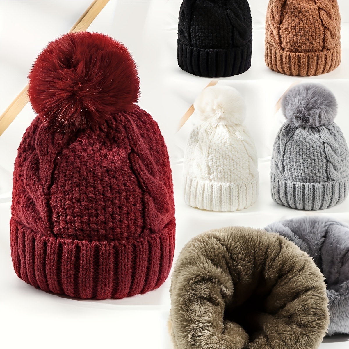 

[customer ] Cozy Fleece-lined Knit Beanie With Pom - Stretchy, Lightweight Winter Hat For Women | Hand Washable