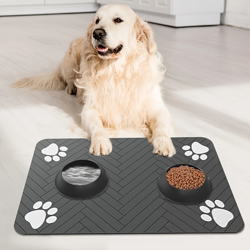 1pc Quick Dry Diatomaceous Earth Pet Feeding Mat - Splash-Proof, Absorbent, Easy to Clean, for Dogs And Cats, Herring Bone Pattern with Paw Print Design, Black, Washable Pet Feeding Mat