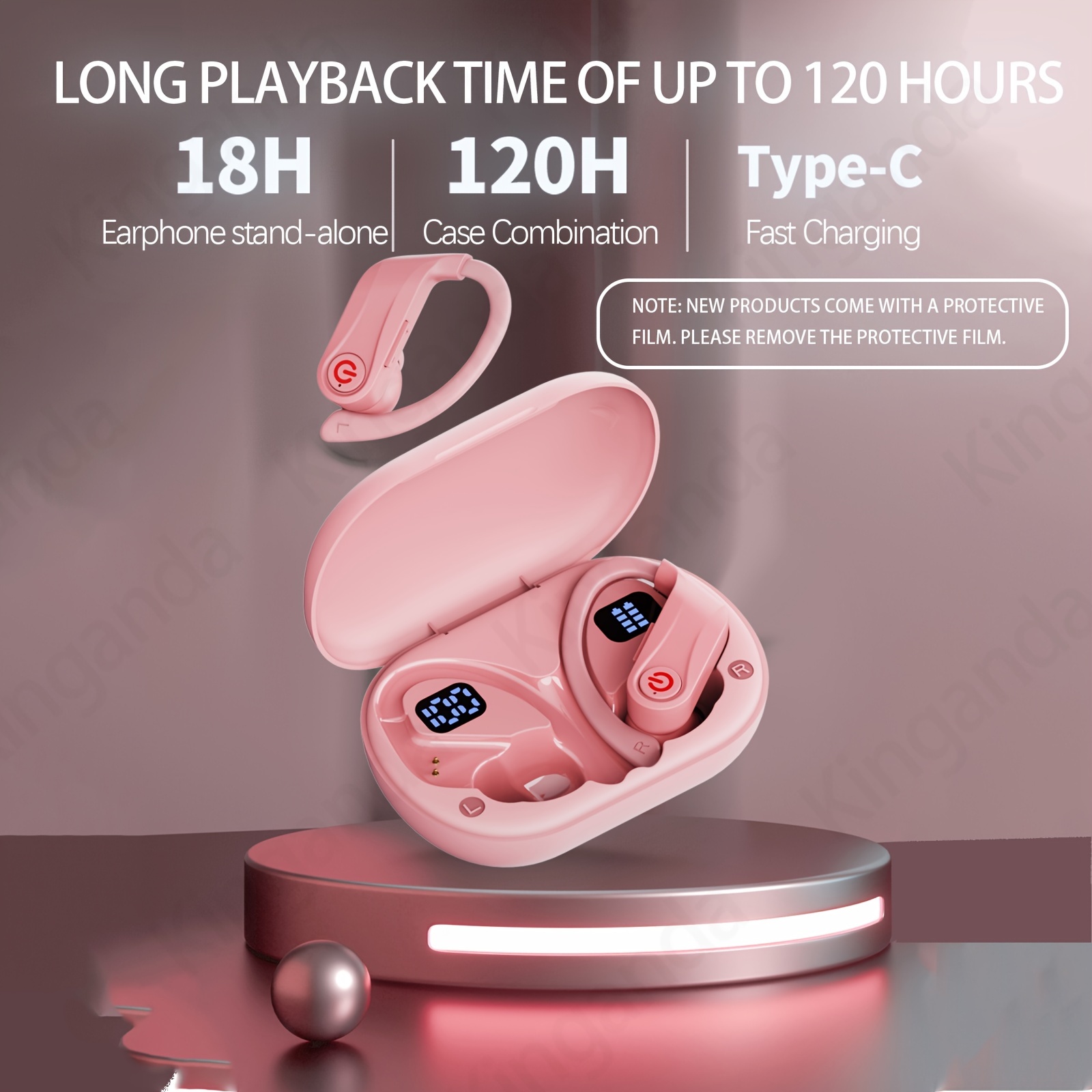 

Wireless Headphone 120 Hours Time Suitable For Sports, Bt5.3 Open Ear Headset Stereo Headphone With Led Display Charging Case, , Earphones For Running/exercising, Pink