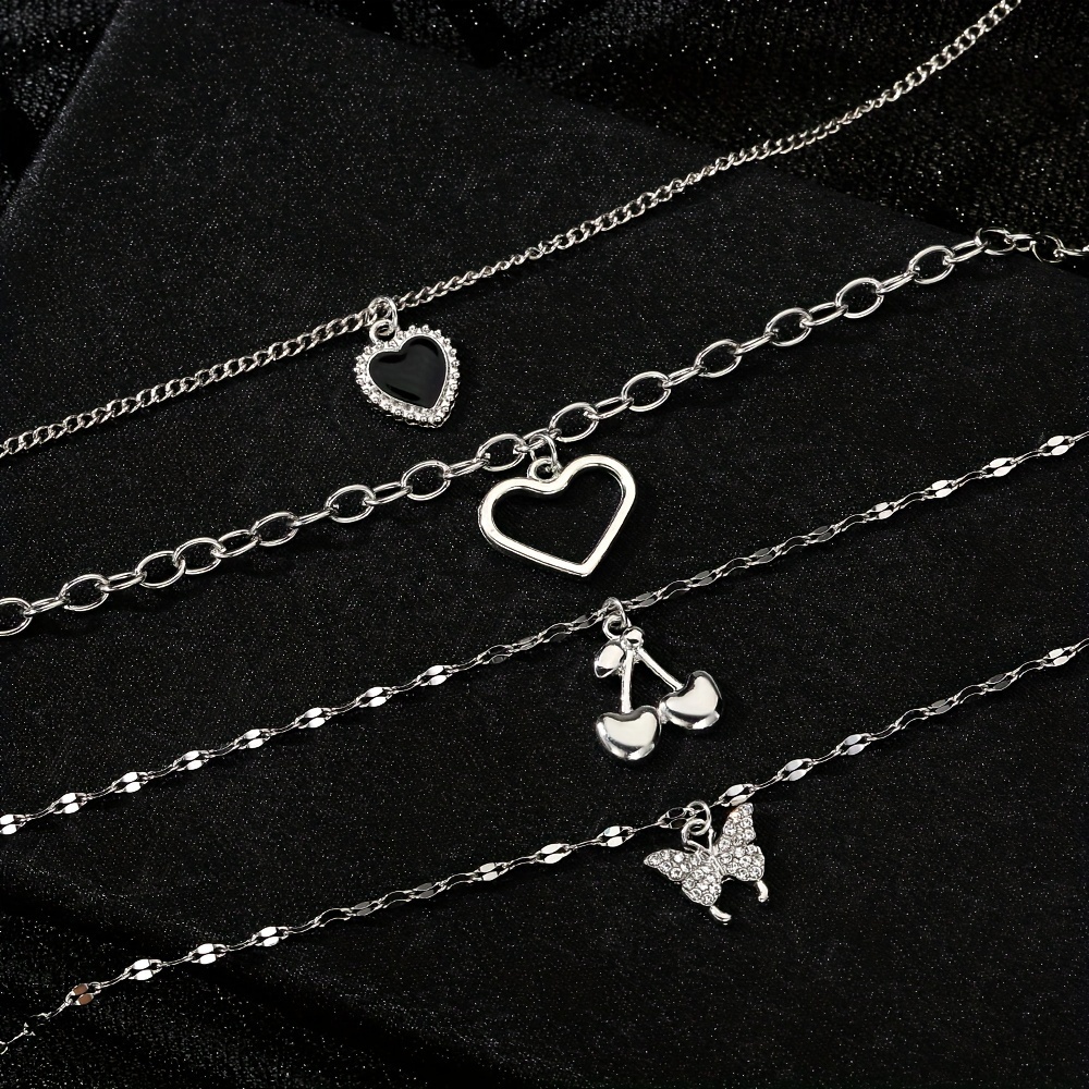 4pcs Elegant Shiny Rhinestone Butterfly Heart Pendant Necklace Set, Stylish Silvery Cherry Multi-Layer Layered Necklaces for Women, Trendy Daily Party Accessories