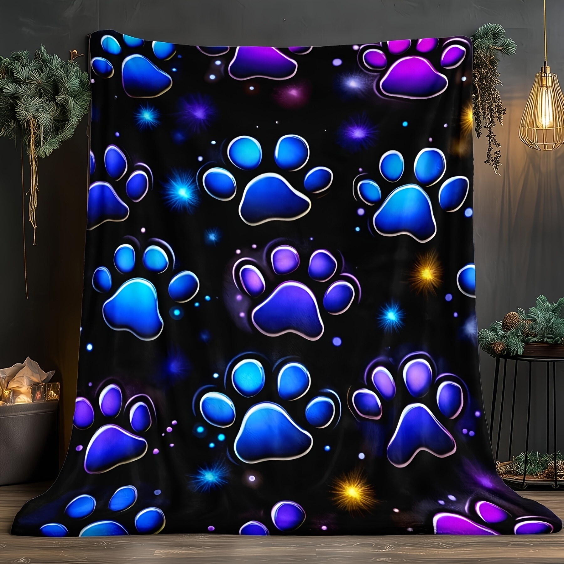 TEMU Extra Large Heavyweight 280gsm Soft Flannel Paw Print Blanket Suitable For - Deep Purple, Blue,, Black, Pink, Size (60"x80") & Twin/full Sizes