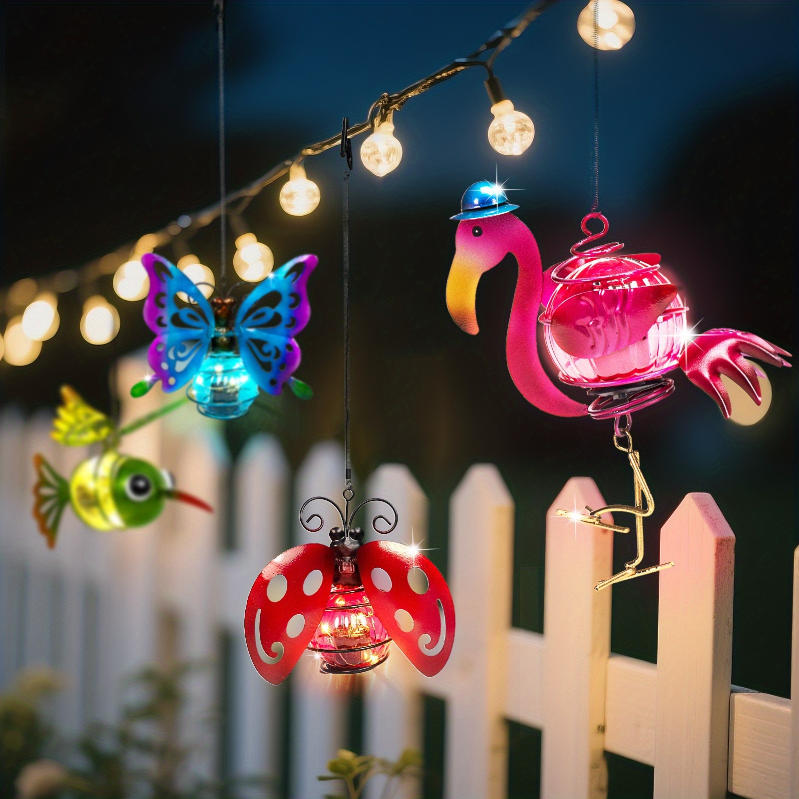 TEMU Outdoor Garden Decorative Simulated Insect Hanging Lights, 4pcs Set - Hummingbird, Flamingo,, And Solar Lights With Independent Hooks And Springs,, Suitable For Courtyards, Lawns,, Patios, And