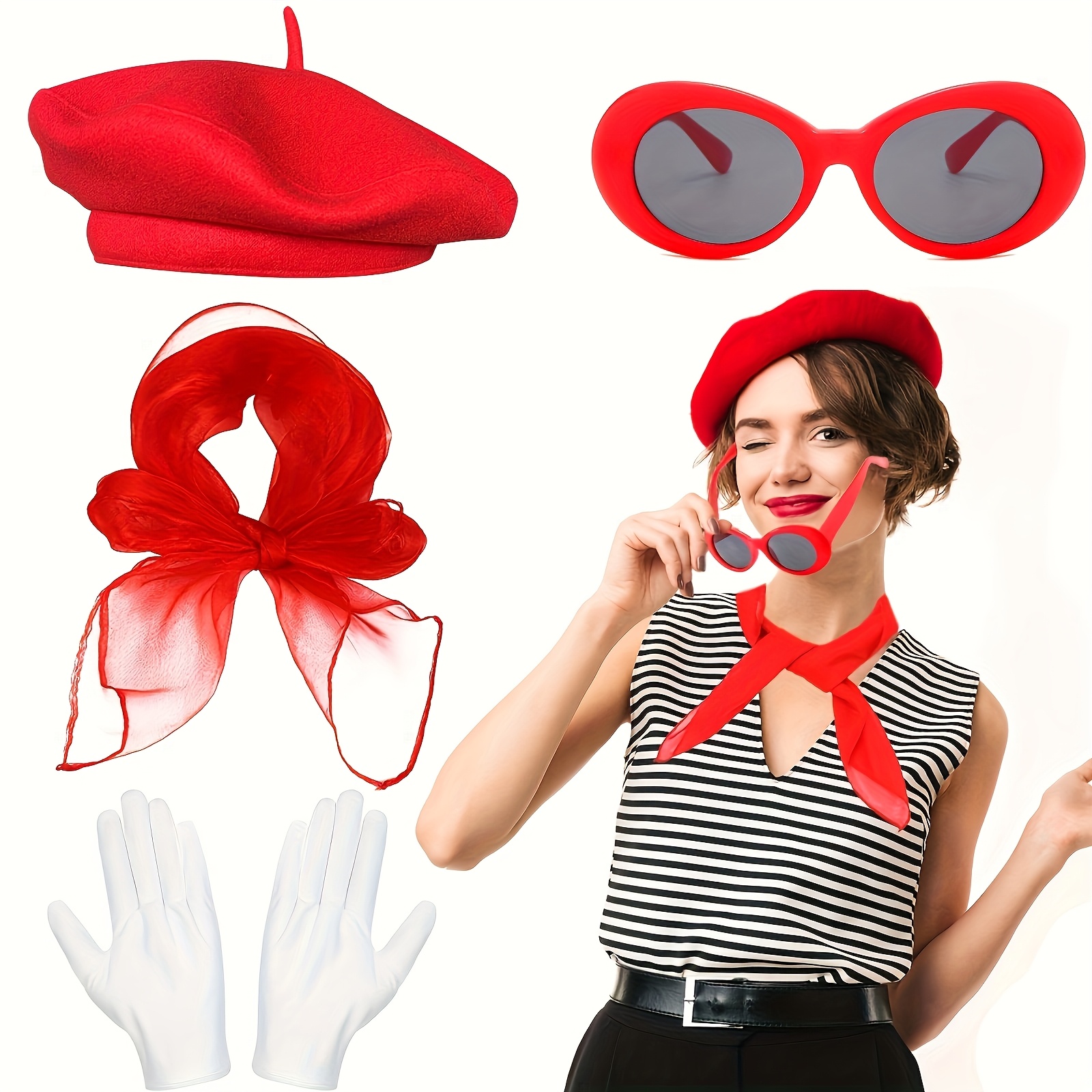 

4pcs French Women Fancy Dress Costume Accessories Set French Artist Kit With Hat Scarf Fashion Glasses Gloves For Paris Women Cosplay Party Supplies School Dress Halloween