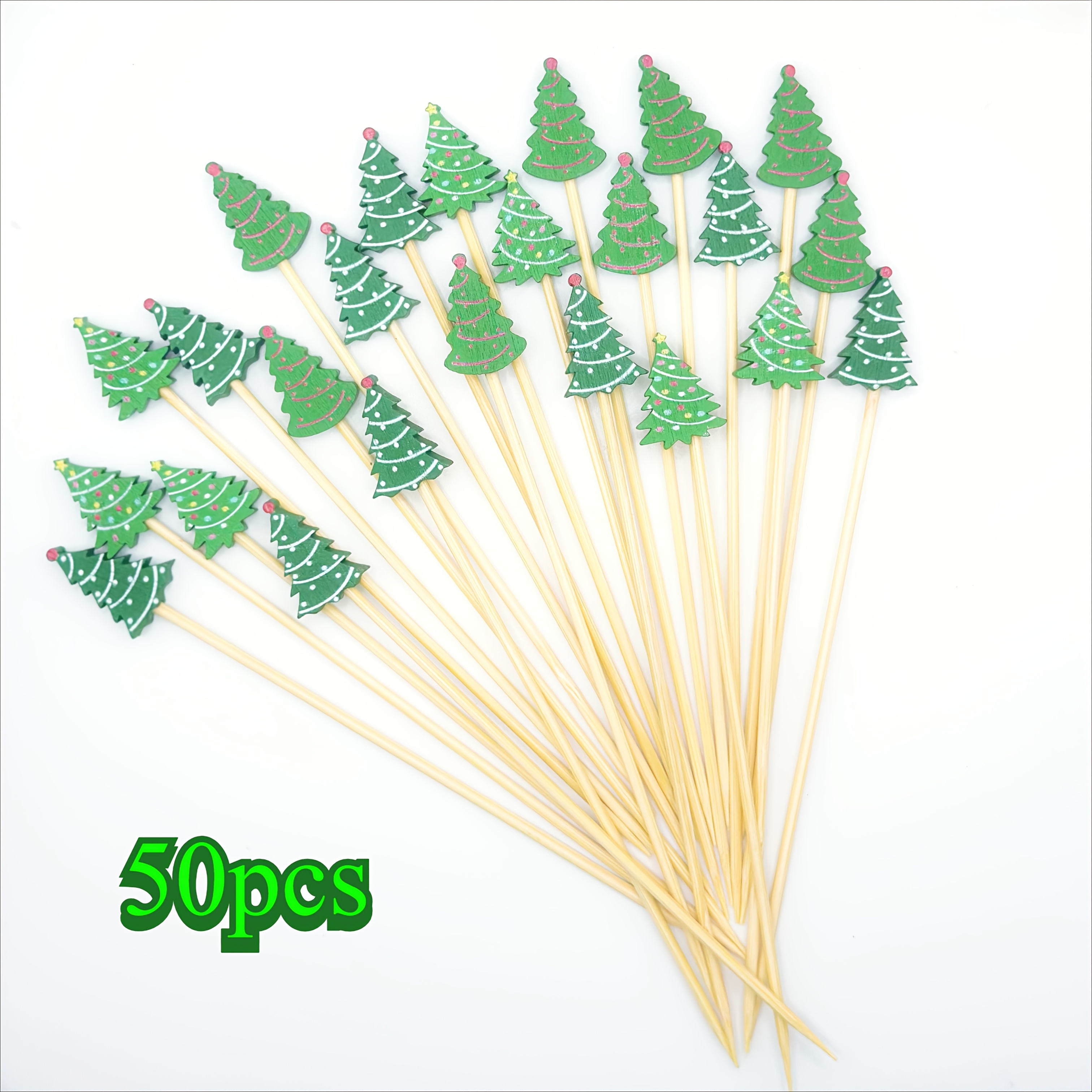 Image of 50/100 Count Christmas-themed Cocktail Picks Shaped Like Trees, Perfect For Decorating Fruit And Food. Bamboo Skewers Are Ideal For Appetizers And Toothpicks For Your Holiday Parties