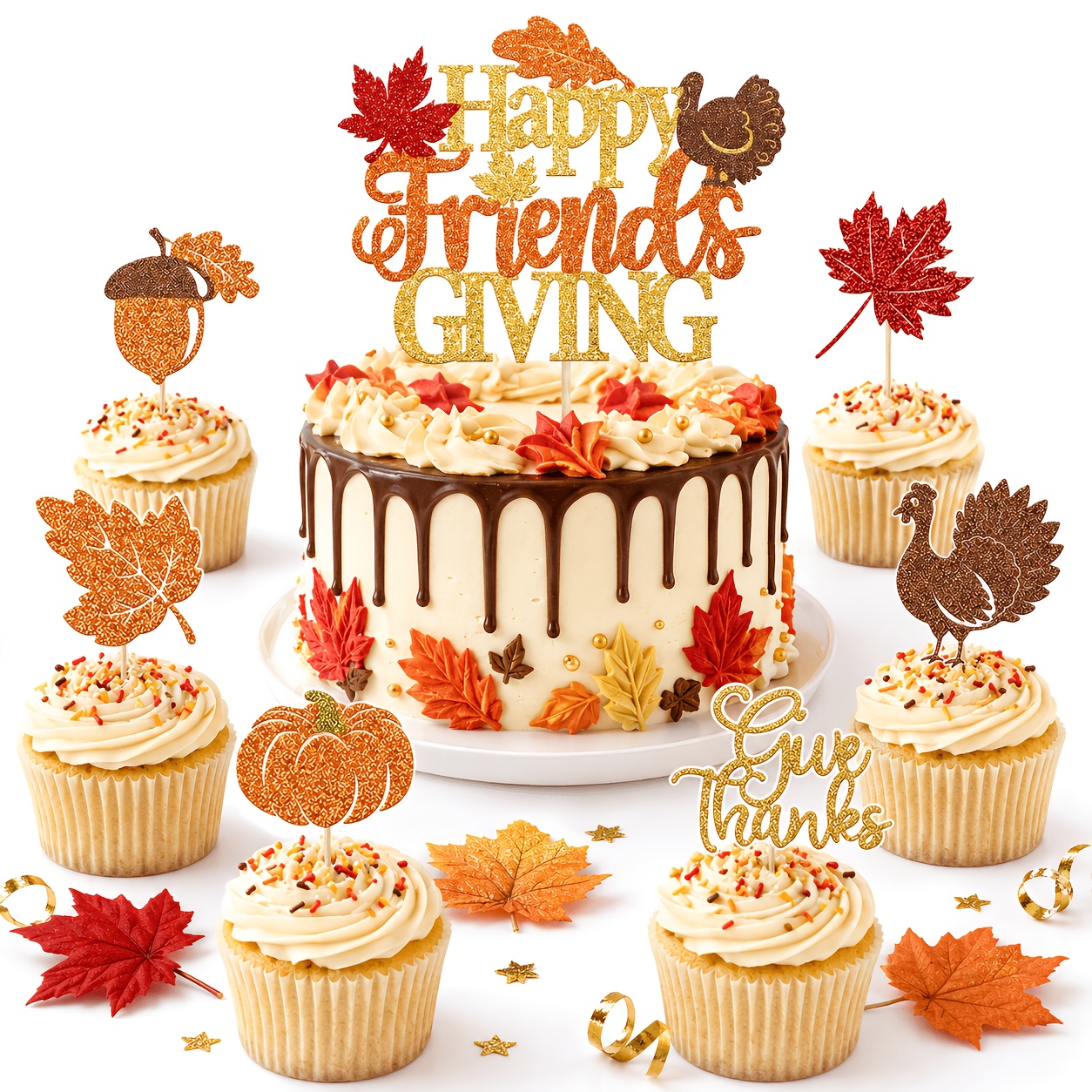 TEMU 25pcs Thanksgiving Cake Topper Glitter Cake Decoration With 24pcs Cupcake Toppers, Turkey Pumpkin Maple Leaf Dessert Decorations For Party