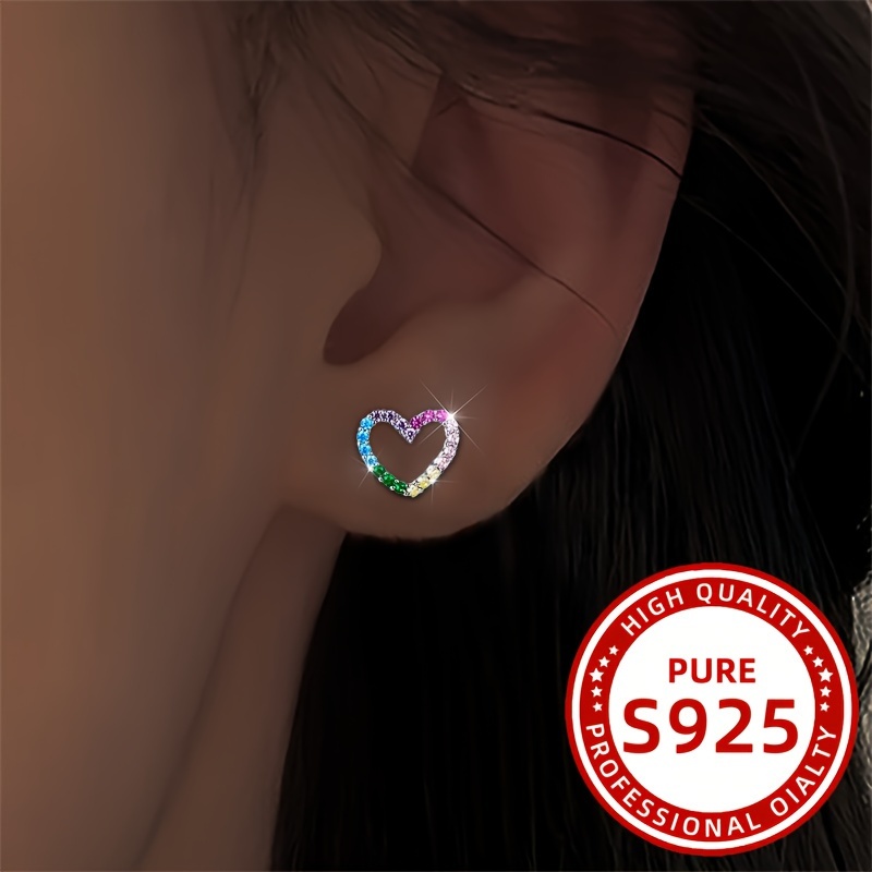 

Elegant Rainbow Heart Stud Earrings For Women - 925 Sterling Silvery With Sparkling Cubic Zirconia, & Beach Parties