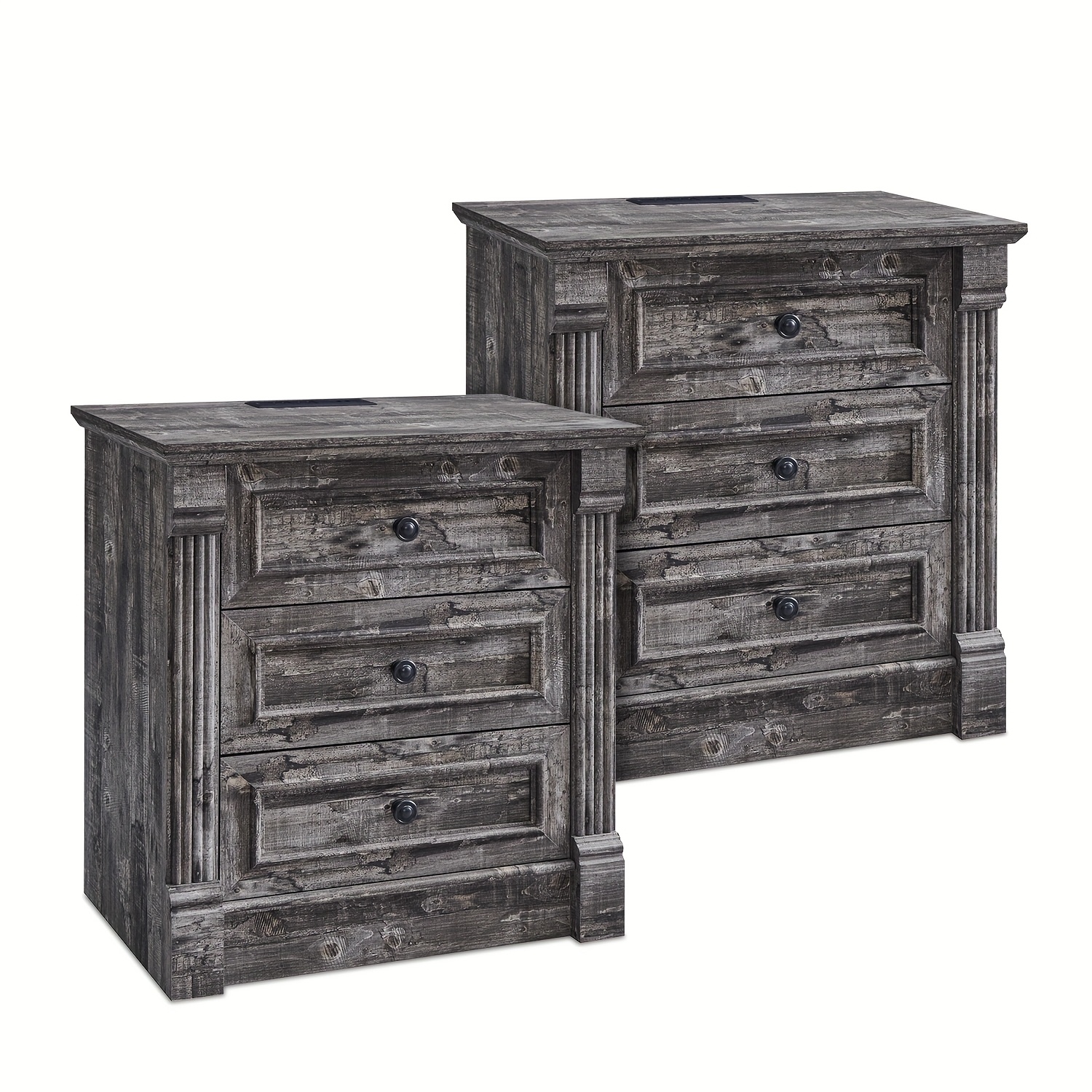 Farmhouse 3-Drawer Nightstand with Charging Station & Roman Posts