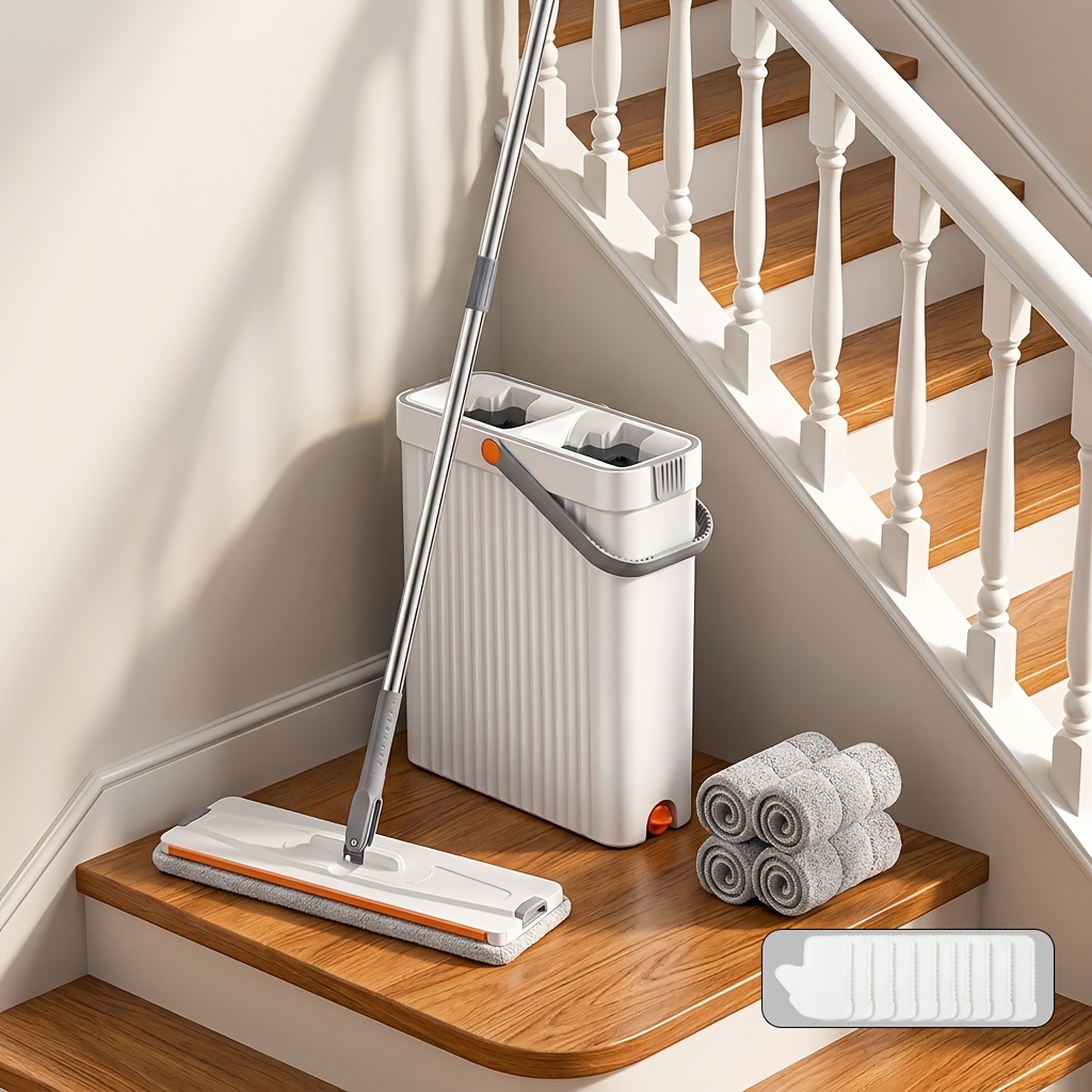 TEMU Mop And Bucket Set - With 4 Washable Microfiber Pads, Floor Wiper Set Mop, For All Floor Types And Windows, Wet And Dry Use, Flat Floor Cleaning